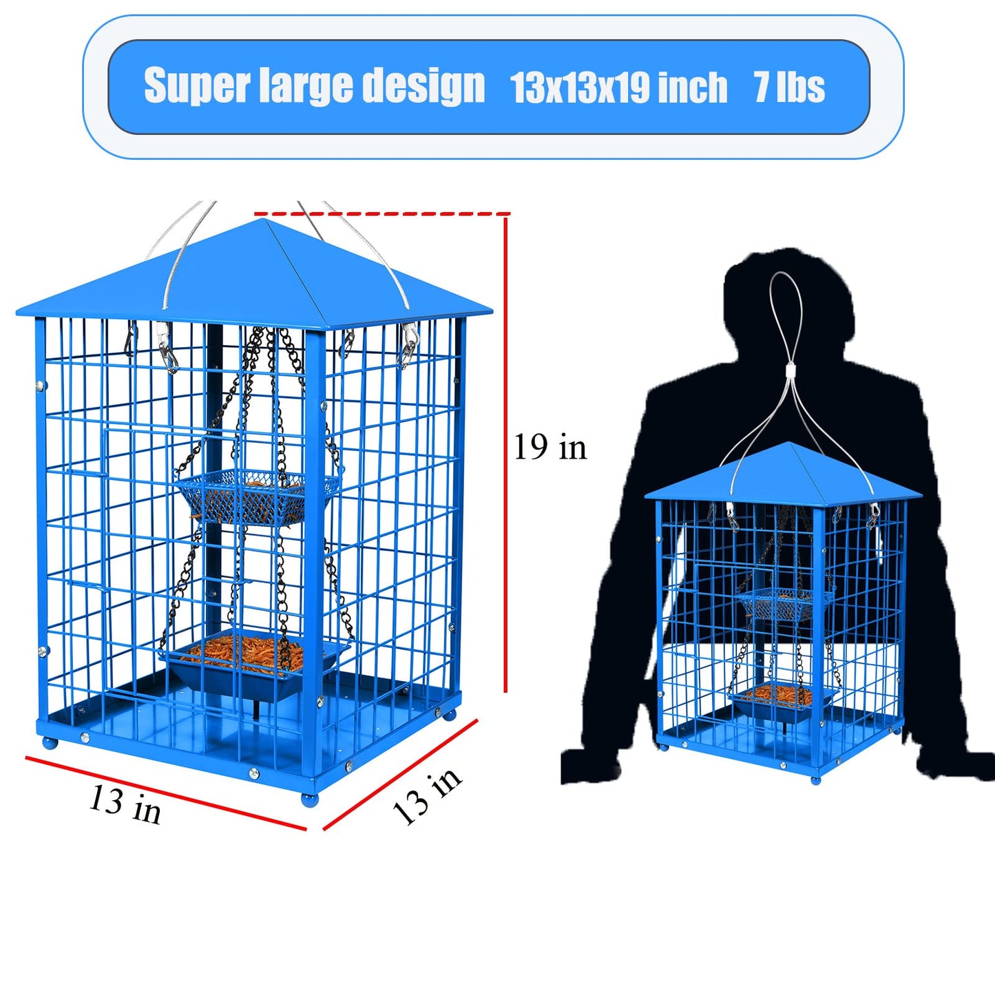 Mealworms Bird Feeders for Bluebirds - Metal - Huge Caged Squirrel-proof Bird Feeders with 2 Cups, DIY Wild Bird Feeders Outdoor Hanging (Blue), Attract Small Birds, 2lbs Seed Capacity+1 Mealworms Cup