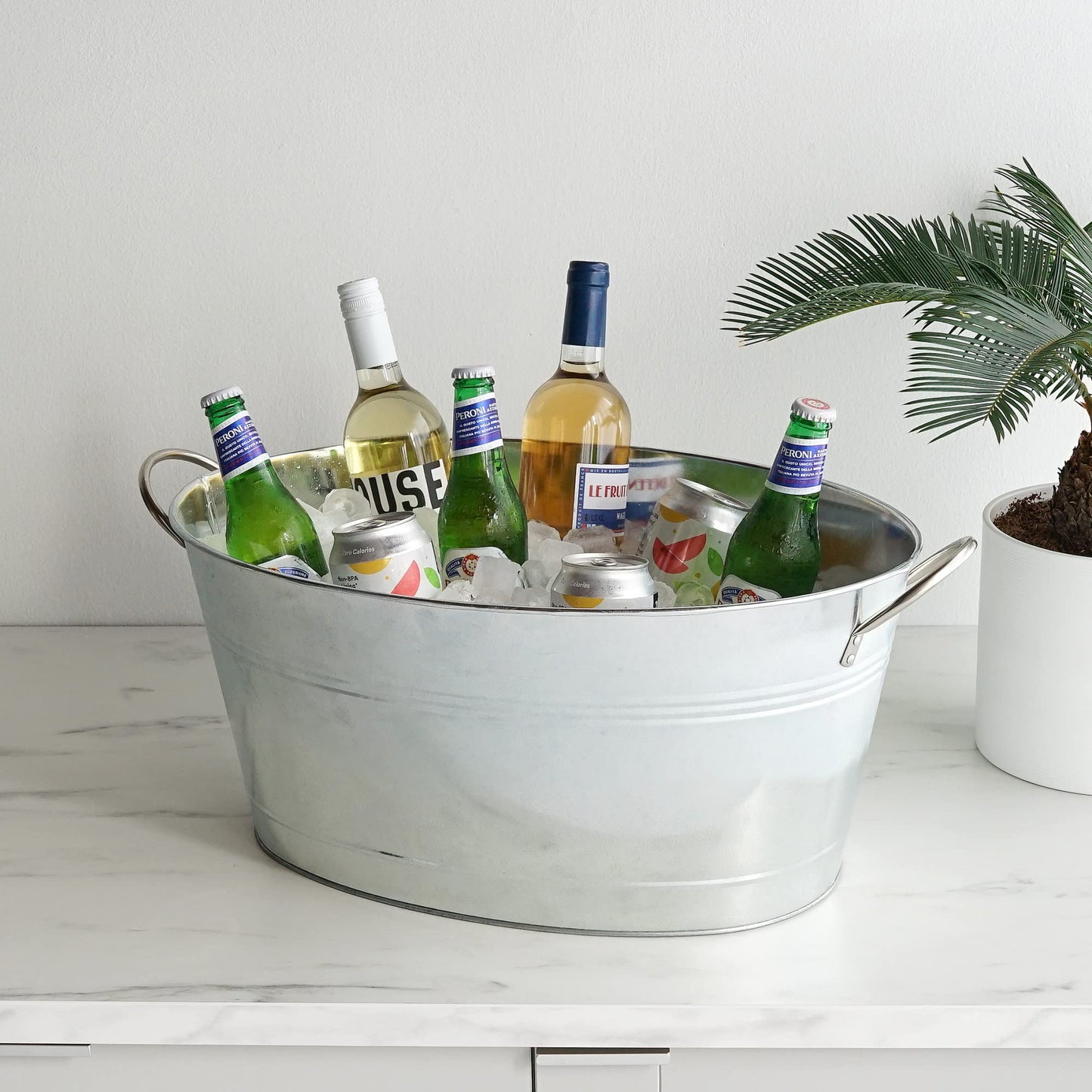 True Classic Oval Ice Bucket, Galvanized Metal Drink Cooler Beverage Tub, Chill Wine & Beer, 6.3 for Home Parties Gallons, 22.75" x 9.25" ,Silver, 6.3 gallons