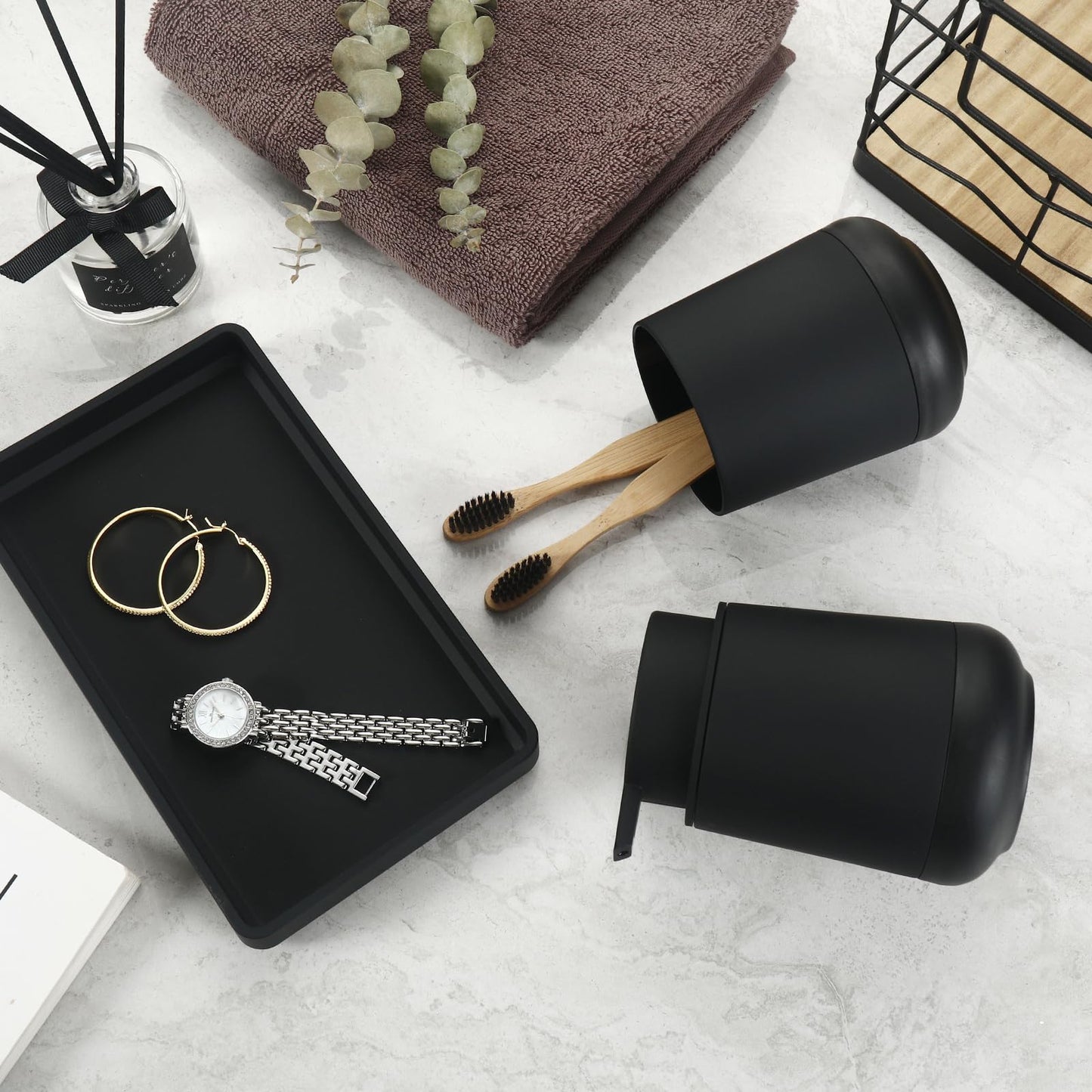 Black Bathroom Countertop Accessories Set - Soap Dispenser and Toothbrush Holder with Silicone Boot,Vanity Tray (Black Liquid)