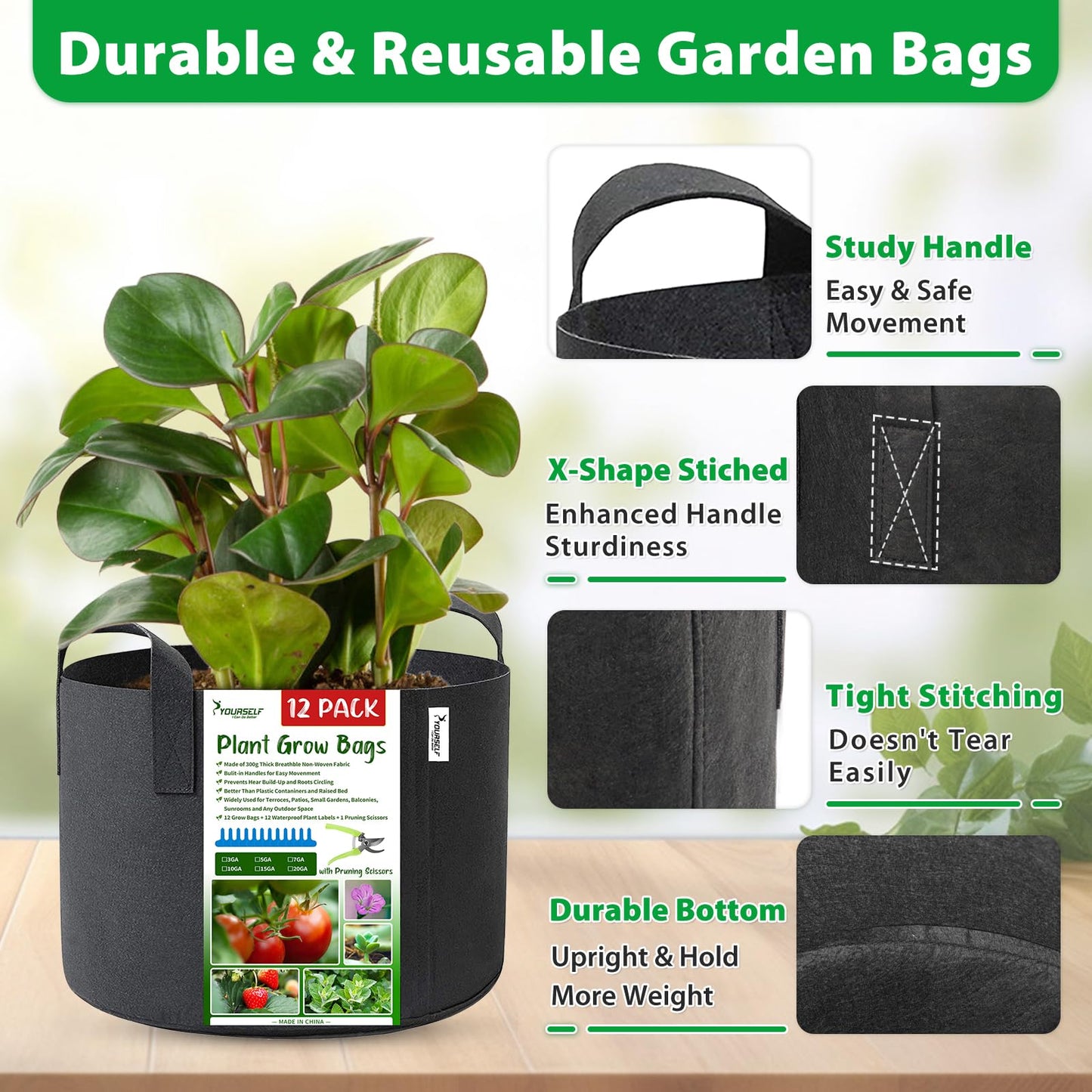 SYOURSELF Grow Bags 12 Pack 15 Gallon Grow Bags,300G Thickened Nonwoven Fabric Pots with Handles Potato Grow Bags Garden Bags for Vegetable Flower Garlic (12 Plant Lables+1 Pruning Scissors Included)