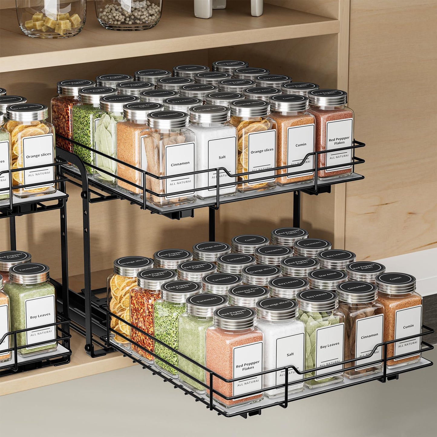 BOIVSHI 2-Tier Spice Rack Organizer, Pull Out Spice Rack for Cabinet, Height Adjustable Heavy Duty Metal Basket for Inside Cabinet & Pantry (11.5''Wx10.5''Dx9.5''H)