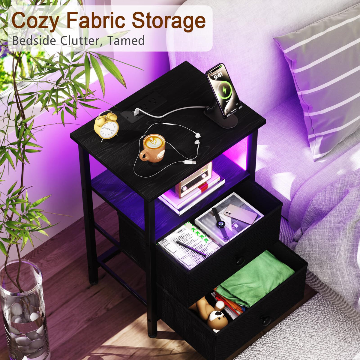 LOAKEKEL Nightstand with Charging Station, End Table with 2 Fabric Drawers, LED Night Stand for Bedroom, Small Bed Side Table with USB Ports and Outlets for Living Room, Black, HETS02BK-1