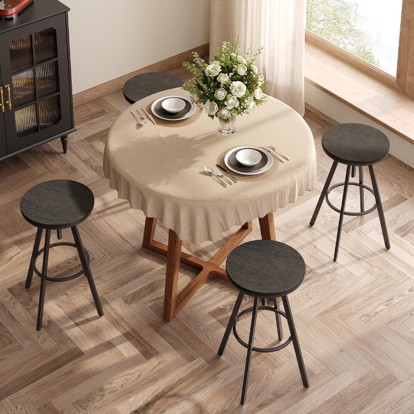 MAHANCRIS Bar Stools, Round Bar Chairs with Sturdy Metal Frame, Set of 2 Industrial Bar Stools, Height Adjustable, Kitchen Breakfast Stools, for Bar, Dining Room, Black BAHB0701