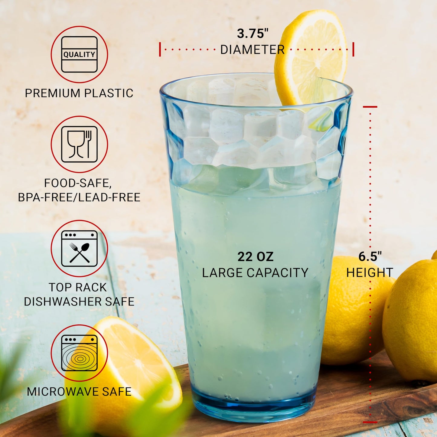 Bravario Hammered Plastic Drinking Tumbler, Dishwasher-Safe Premium Quality Water Glasses, BPA-Free Reusable Mixed Colors Assorted Stackable Cups, 22 oz Set of 12