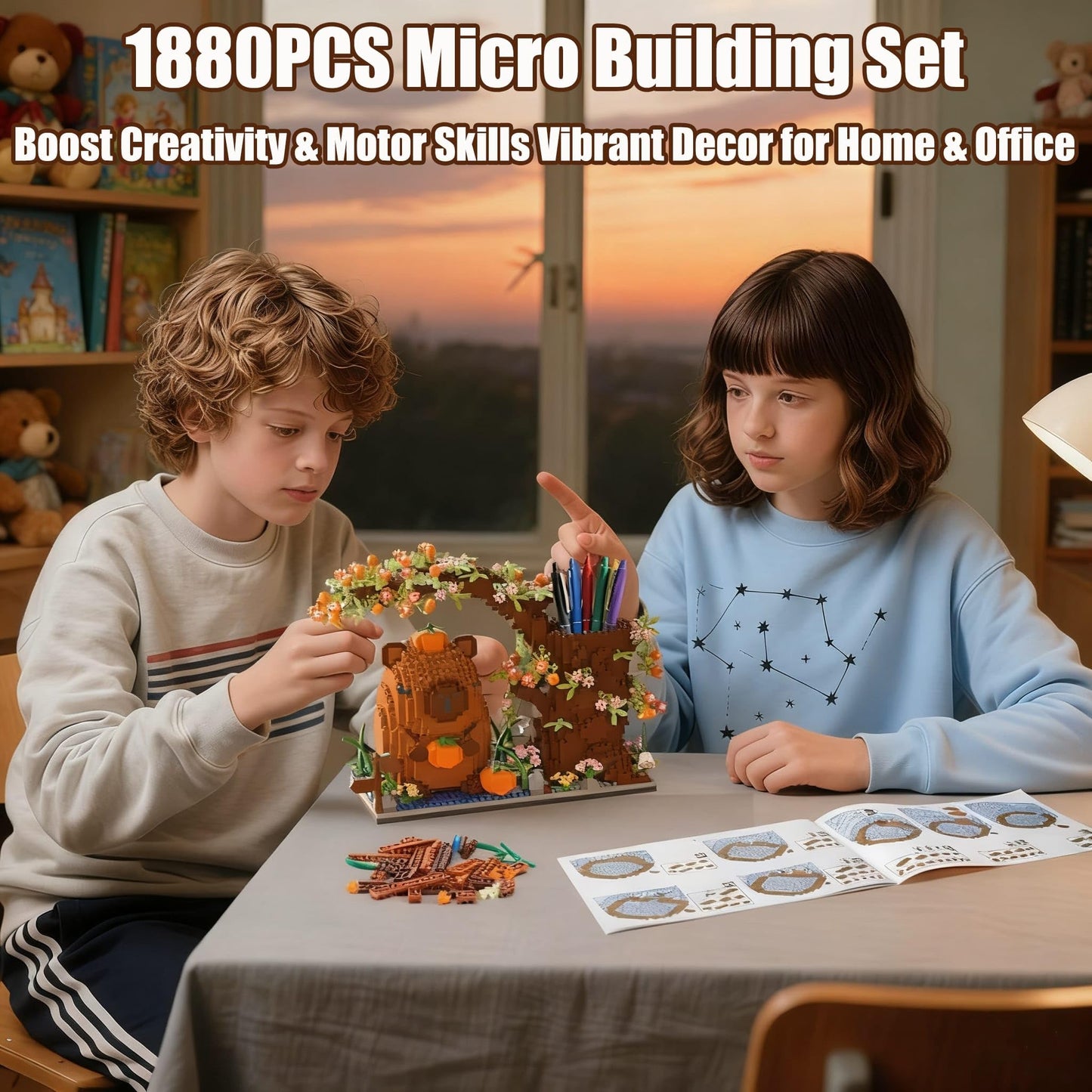 Capybara Building Blocks Set -1880PCS Cute Animals & Flowers Building Bricks Kit Kawaii Capybara Gifts Toy for Kids Age 12+, Capybara Stuff Pen Holder&Desk Organizer, Arts &Crafts for Boys Girls Adult