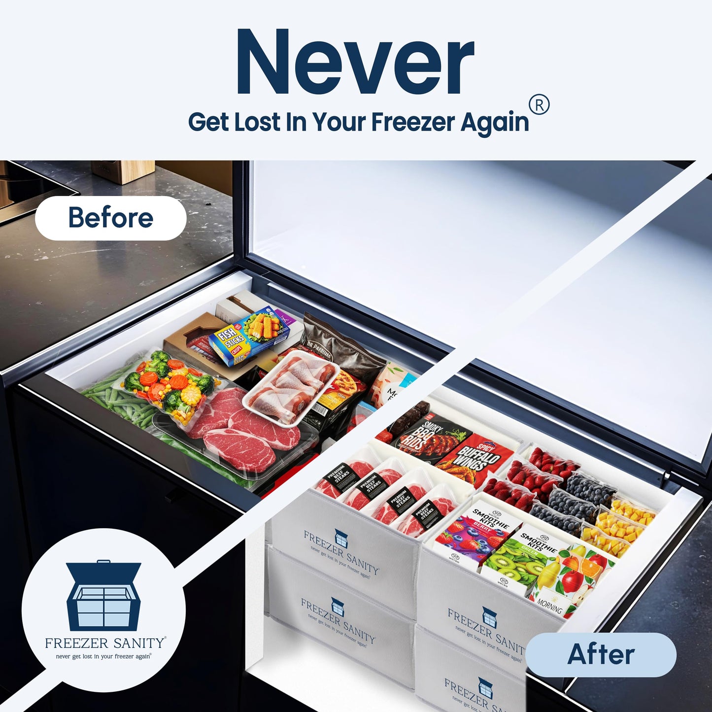 FREEZER SANITY Collapsible Freezer Organizer Bins - Stackable Storage Organizers with Custom Dividers, Handles, Ideal for Chest Freezers, Heavy-Duty, Water-Resistant (2 Pack Regular 15x14x9)