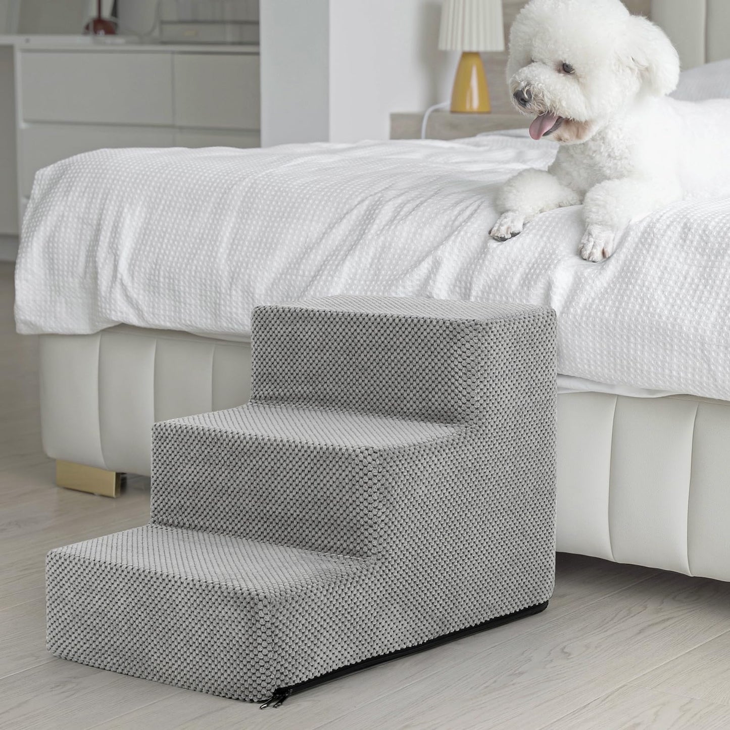 Bnonya 3 Tiers Dog Stairs for Small Dogs, Pet Stairs for Couch and High Bed, Soft Foam Dog Steps with Removable Washable Cover for Injured Dogs, Short-Legged Dogs and Older Pets Dogs, Grey