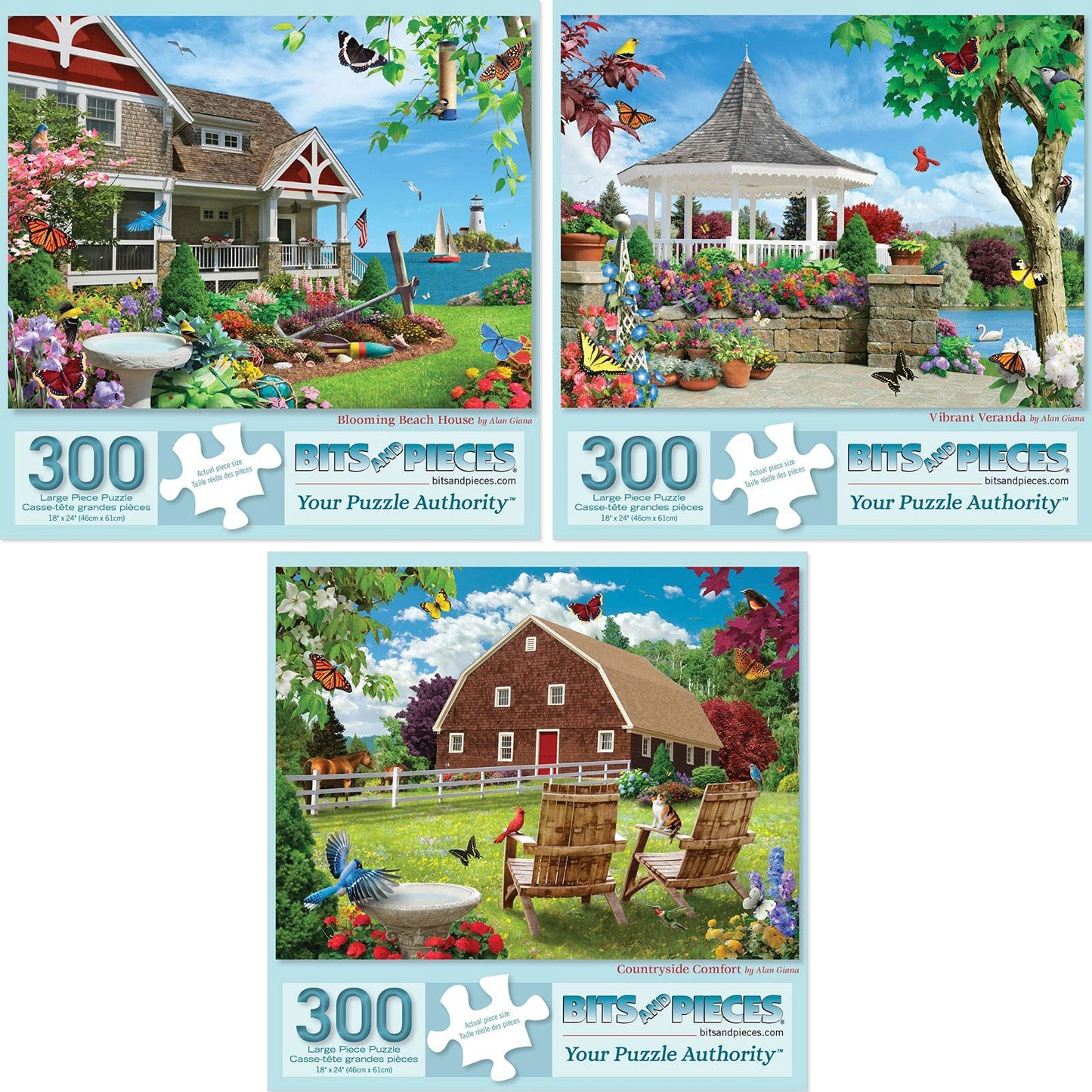 Bits and Pieces - Value Set of Three (3) 300 Piece Jigsaw Puzzles for Adults - 18" x 24" (46cm x 61cm) Each - 300 pc Vibrant Blooming Branch House Countryside Flowers Summer Jigsaws by Alan Giana