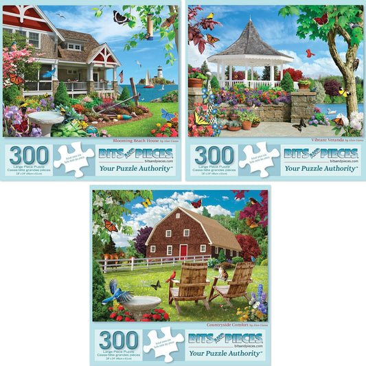 Bits and Pieces - Value Set of Three (3) 300 Piece Jigsaw Puzzles for Adults - 18" x 24" (46cm x 61cm) Each - 300 pc Vibrant Blooming Branch House Countryside Flowers Summer Jigsaws by Alan Giana