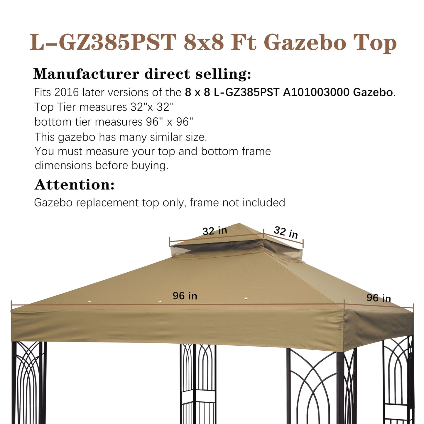 SCOCANOPY 8'x8' Gazebo Cover Replacement Canoy Top Compatible with Canadian Tire Living Crawford Gazebo, Fit for RONA 8x8 Gazebo #088-1067-8,Khaki