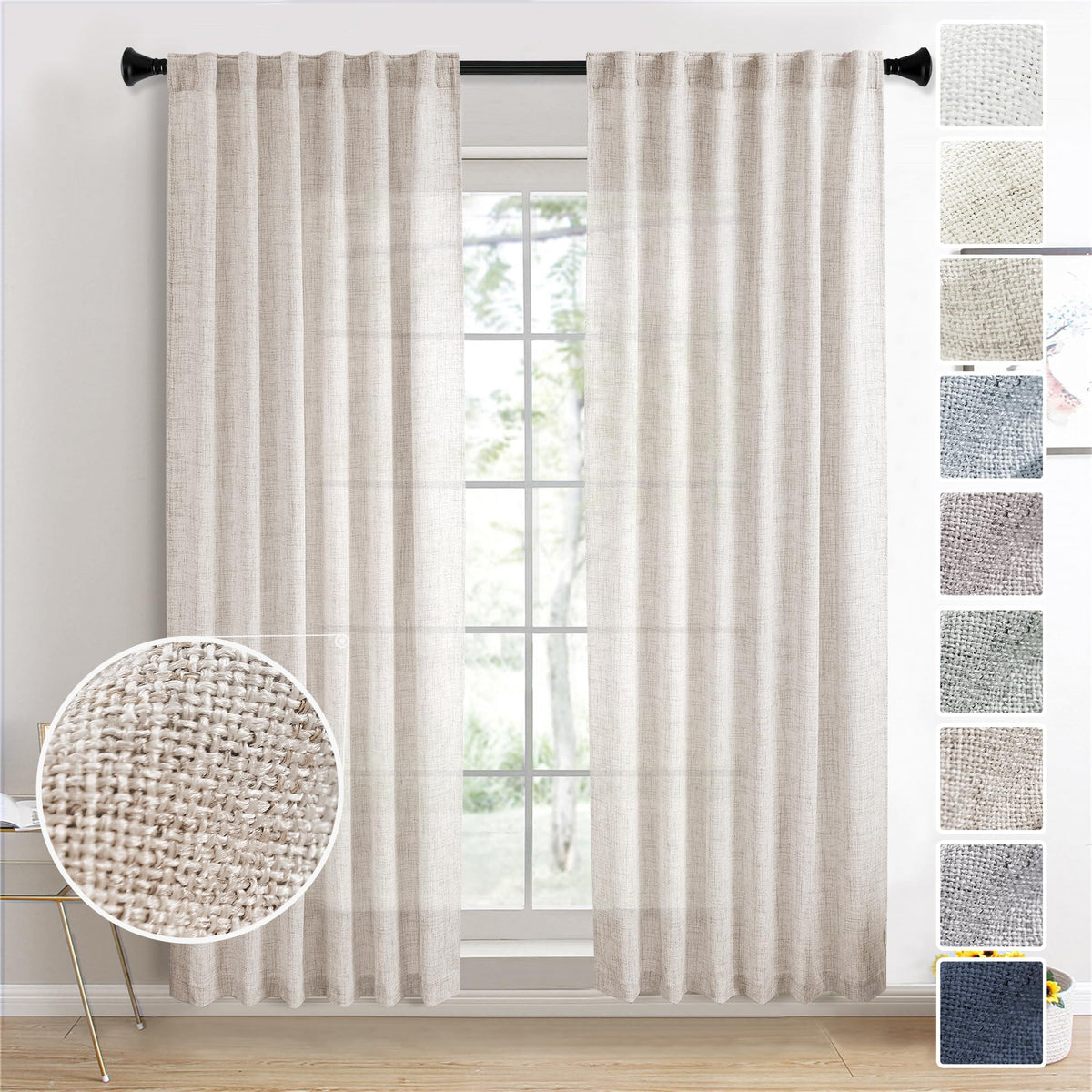 MEETBILY Curtains Panels for Back Tab Semi Sheer, Linen Textured Drapes Rod Pocket, Flax Curtains for Farmhouse/Bedroom/Living Room/Window Light tan(2-Pack, 50 x 84 inch Long)