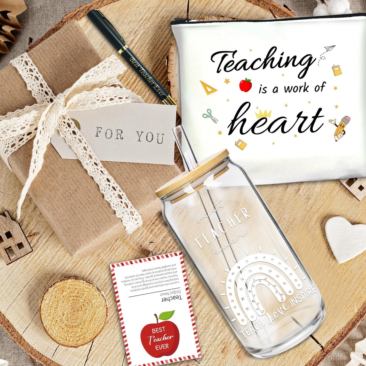 Teacher Appreciation Gifts in Bulk 4 Set– 24-Piece Set with 4 18oz Glass Cups, Bamboo Lids, Straws, Pens, Pouches & Thank You Cards – End of Year, Graduation, Back to School Gifts for Teachers