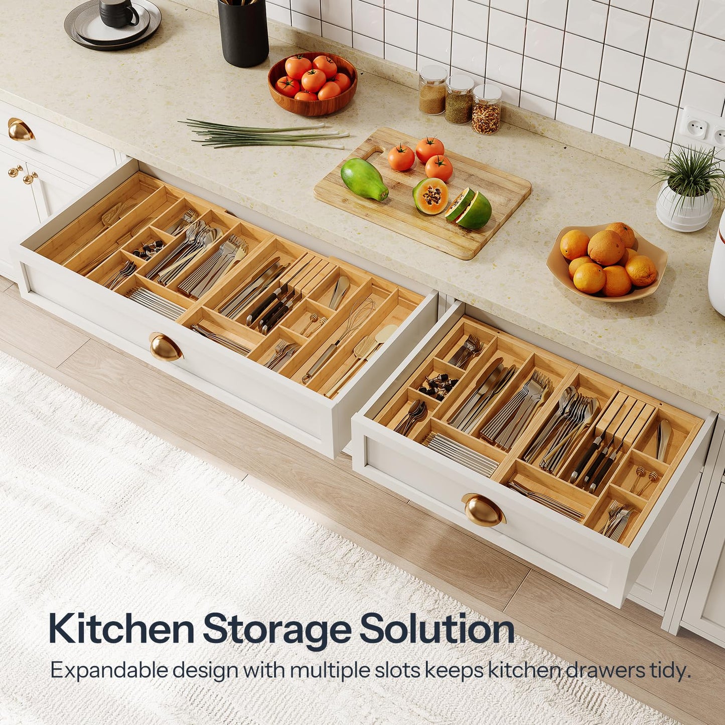 HO0BRO Large Silverware Organizer Kitchen Drawer Organizer, Magnetic Connected Expandable Utensil Organizer From 58 to 90 cm, Bamboo 16 Slots Cutlery Tray with Knife Holder, Natural YL07TL01