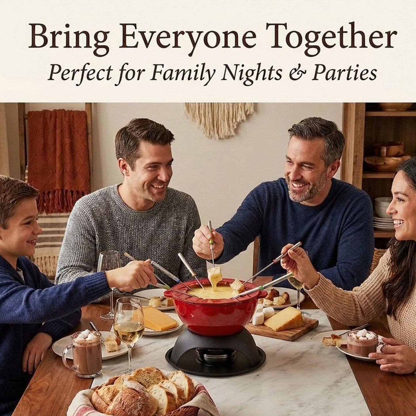 Artestia Cast Iron Cheese Fondue Pot Set, 5-Cup Cheese & Chocolate Fondue Pot with Adjustable Burner and 6 Color-Coded Forks, Fondue Set for 4-6 People, Red