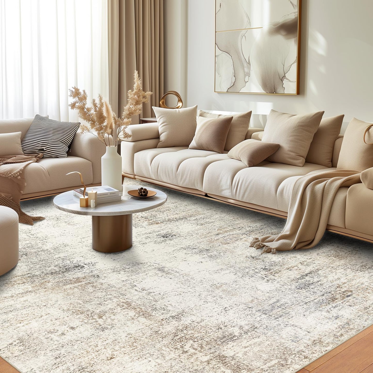 Capslpad Modern Abstract Area Rugs 5x7 Washable Rug for Living Room Non-Slip Farmhouse Rug Low Pile Soft Non-Shedding Beige Abstract Pattern Large Rugs for Bedroom Office Dining Room