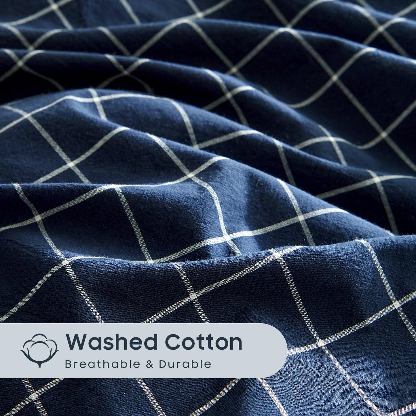 Wake In Cloud - Grid Duvet Cover Set, 100% Washed Cotton Checkered Plaid Farmhouse Check Gingham Geometric Beddings with Zipper Closure, 3 Pieces, Navy Blue, Queen Size