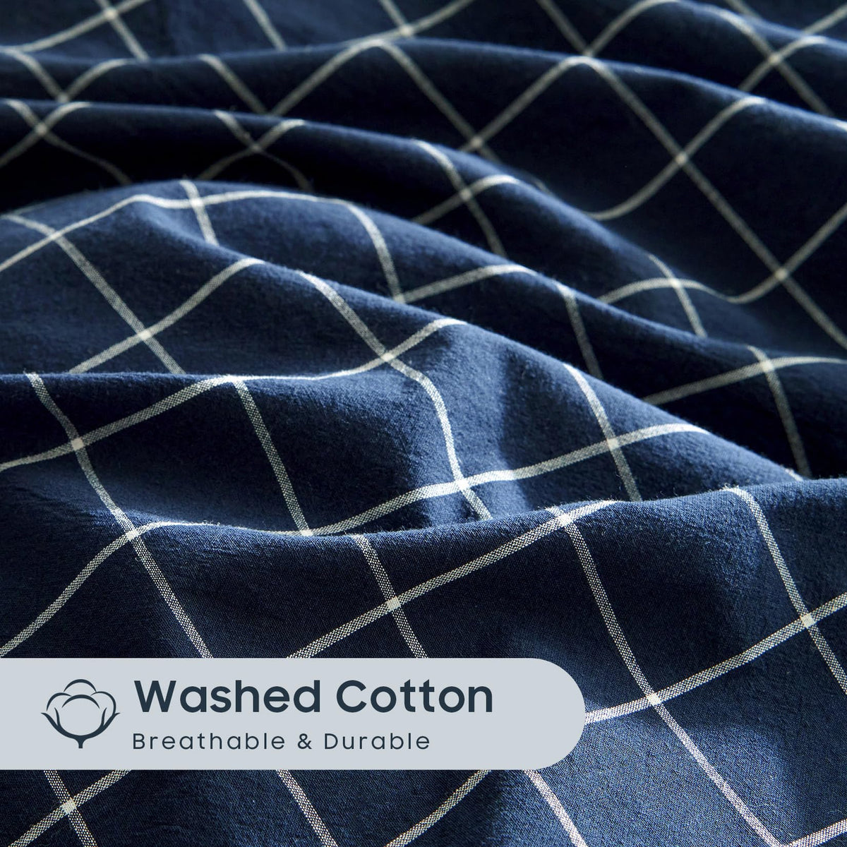 Wake In Cloud - Grid Duvet Cover Set, 100% Washed Cotton Checkered Plaid Farmhouse Check Gingham Geometric Beddings with Zipper Closure, 3 Pieces, Navy Blue, Full Size