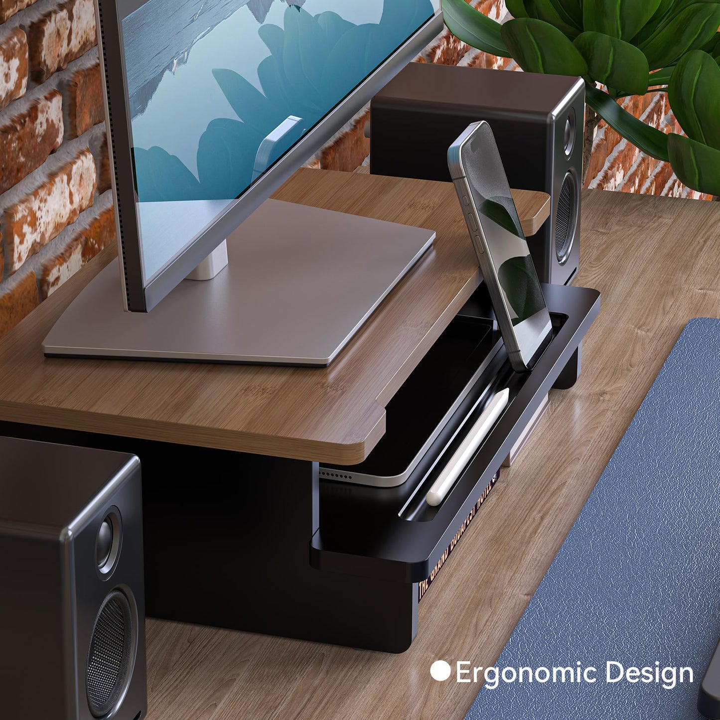 WELL WENG Monitor Stand Monitor Stand Riser for Desk,Wood Desk Shelf Storage Organizer with Phone Tablet Holder (16.5 Inch, Black & Dark Bamboo)