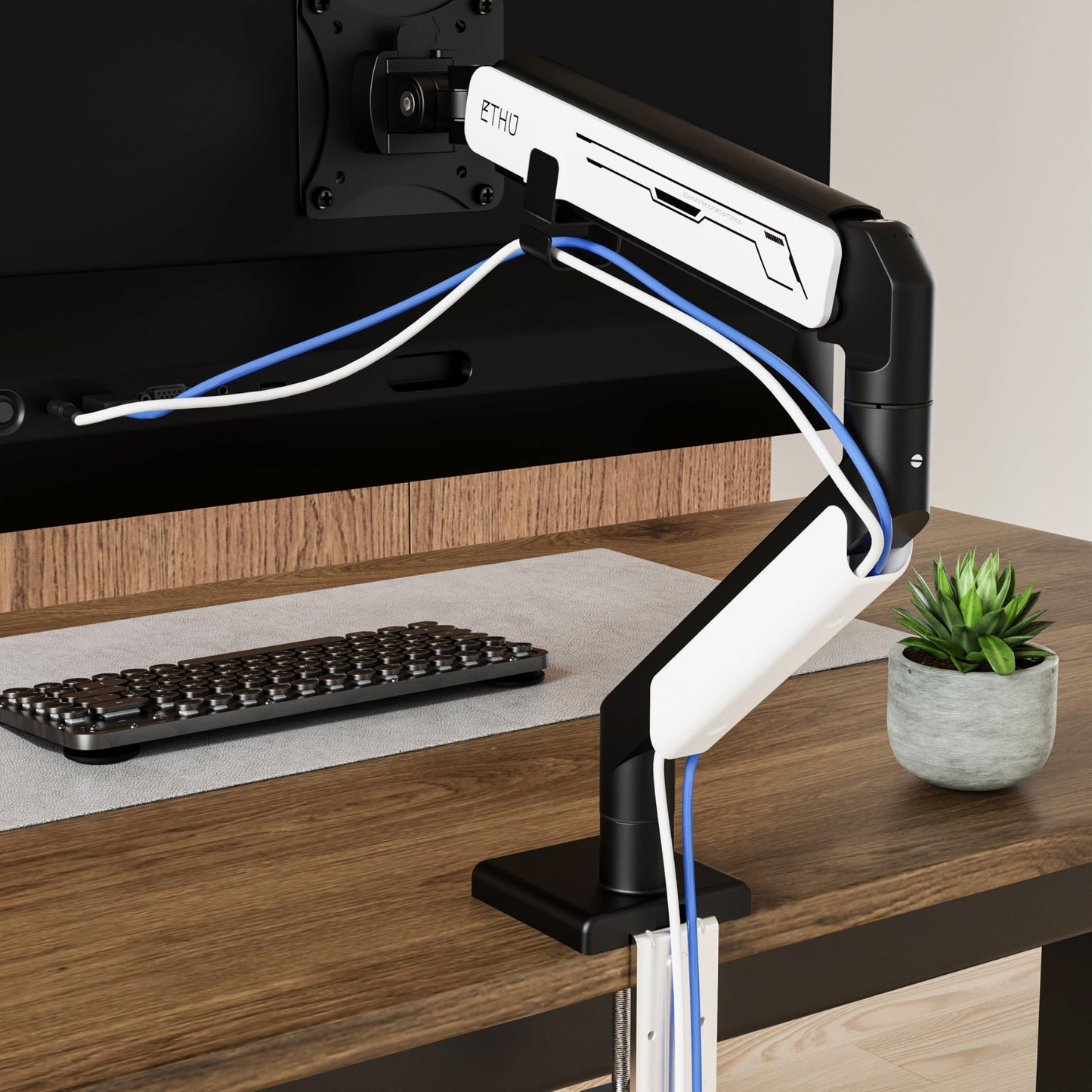 ETHU Premium Single Monitor Arm, Heavy Duty Monitor Mount with Gas Spring, VESA Monitor Arm for 17-40 inch Screens up to 30.8lbs, Full Motion Adjustable Monitor Stand for Office & Home, Black & White