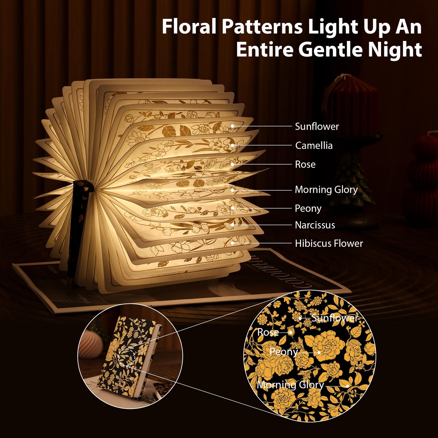 ZBOLE Floral Print Book Light,3-Color Book Lamp Book Lovers Gifts | 1200mAh Portable Foldable Paper Desk Lamp | Night Reading Bookshelf Lamp, Gifts for Women Birthday Ambient Lighting(Black Gold)
