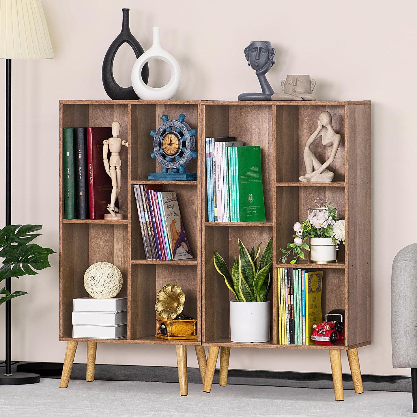 LEYAOYAO Wooden 5 Cube Bookshelf, Oak 3 Tier Book Shelf with Legs, Modern Open Storage Boho Organizer Bookcase,Display Cabinet Shelf Free Standing Bookshelves for Bedroom,Living Room,Study