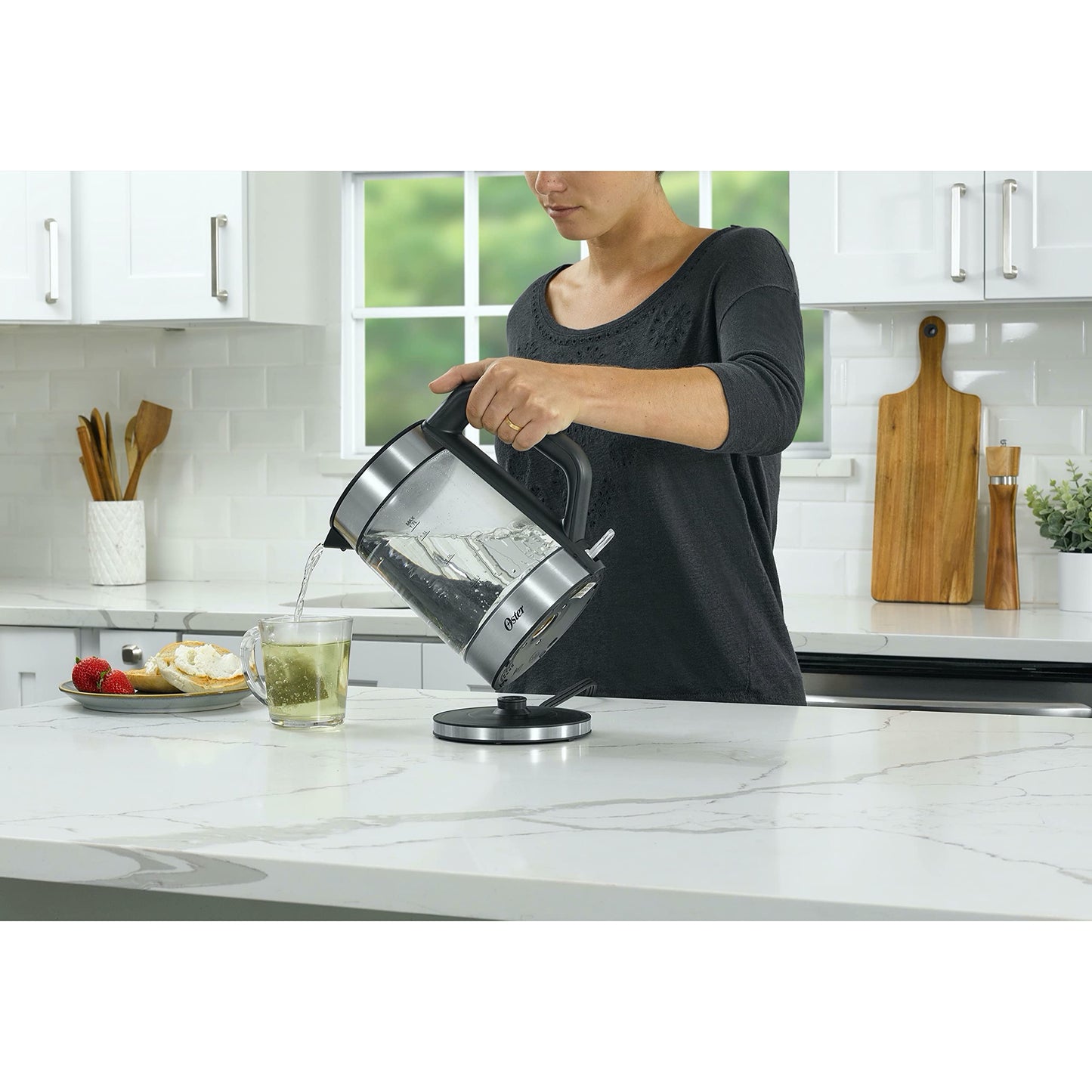 Oster Illuminating Electric Glass Kettle with LED Indicator and Auto Shut Off, Clear & Stainless Steel, 1.7 L