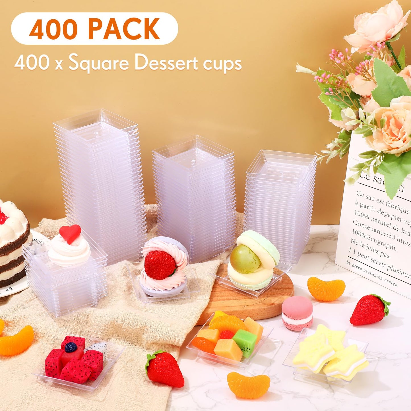 Gandeer 400 Pieces Mini Square Dessert Plates 2.5 x 2.5 Inch Disposable Appetizer Plates Small Clear Plastic Dish for Dessert Salad Appetizer Sauces Tastings Cake Wedding Party Serving (Clear)