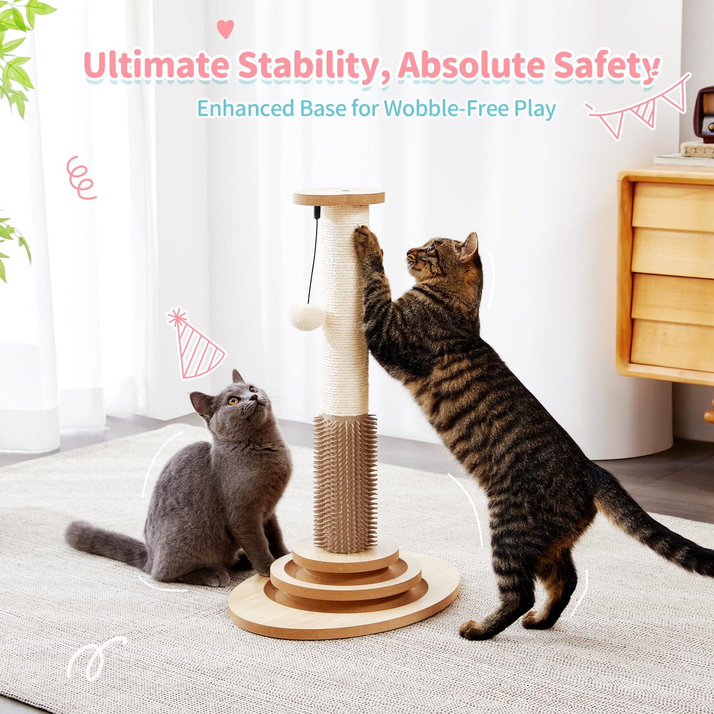 Made4Pets Wooden Cat Scratching Post with Interactive Toys & Brush Scratching Post for Indoor Cats/Kitten Toys 23" Tall Cat Scratcher with Dangling Plush Balls Modern for Medium/Small Cats