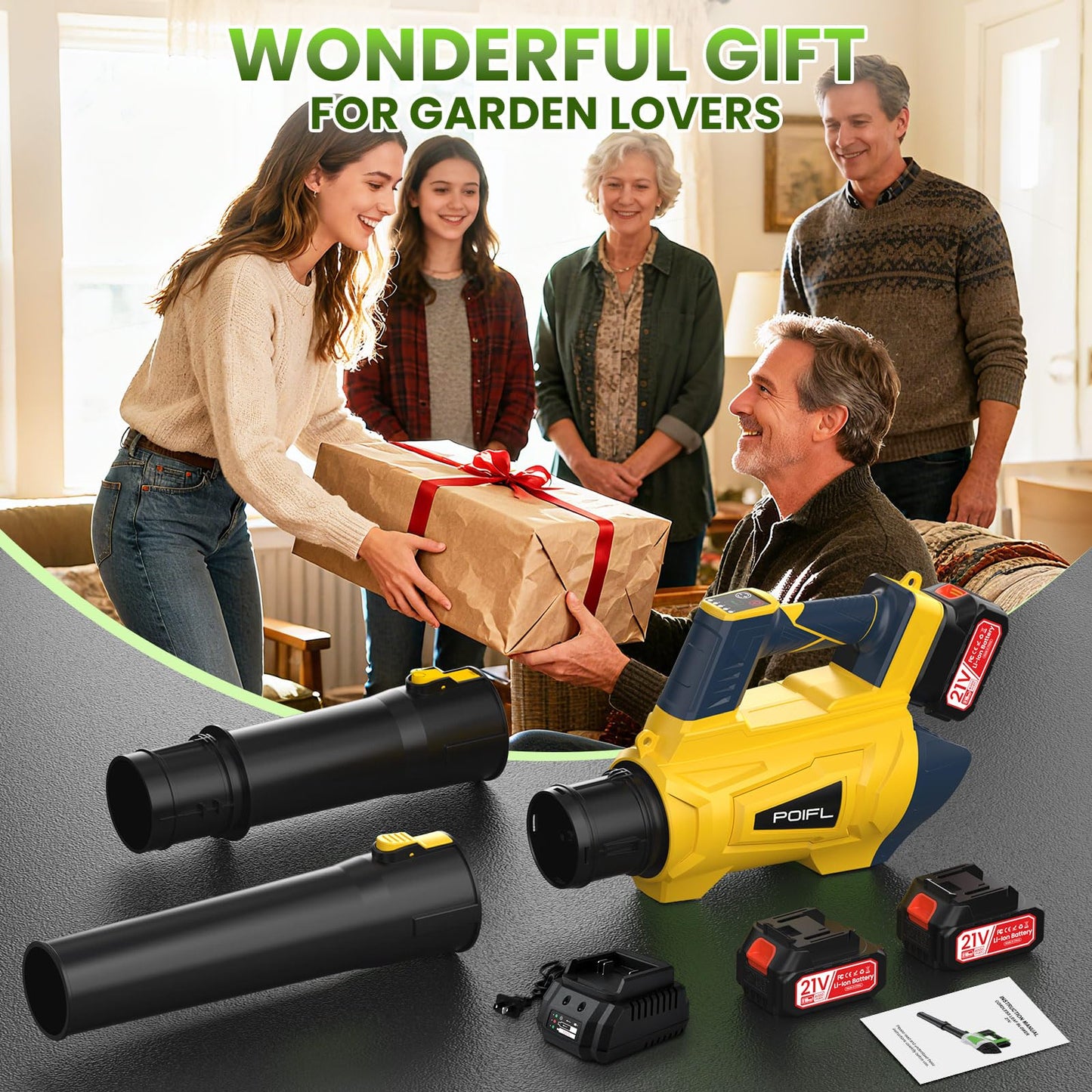 Leaf Blower, 21V Leaf Blower Cordless, 500 CFM/180 MPH, 6 Speed Leaf Blowers with 2 x 4.0AH Batteries and Fast Charger, with Shoulder Strap for Blowing Leaves, Lawn Care, Patio Cleaning and Dust