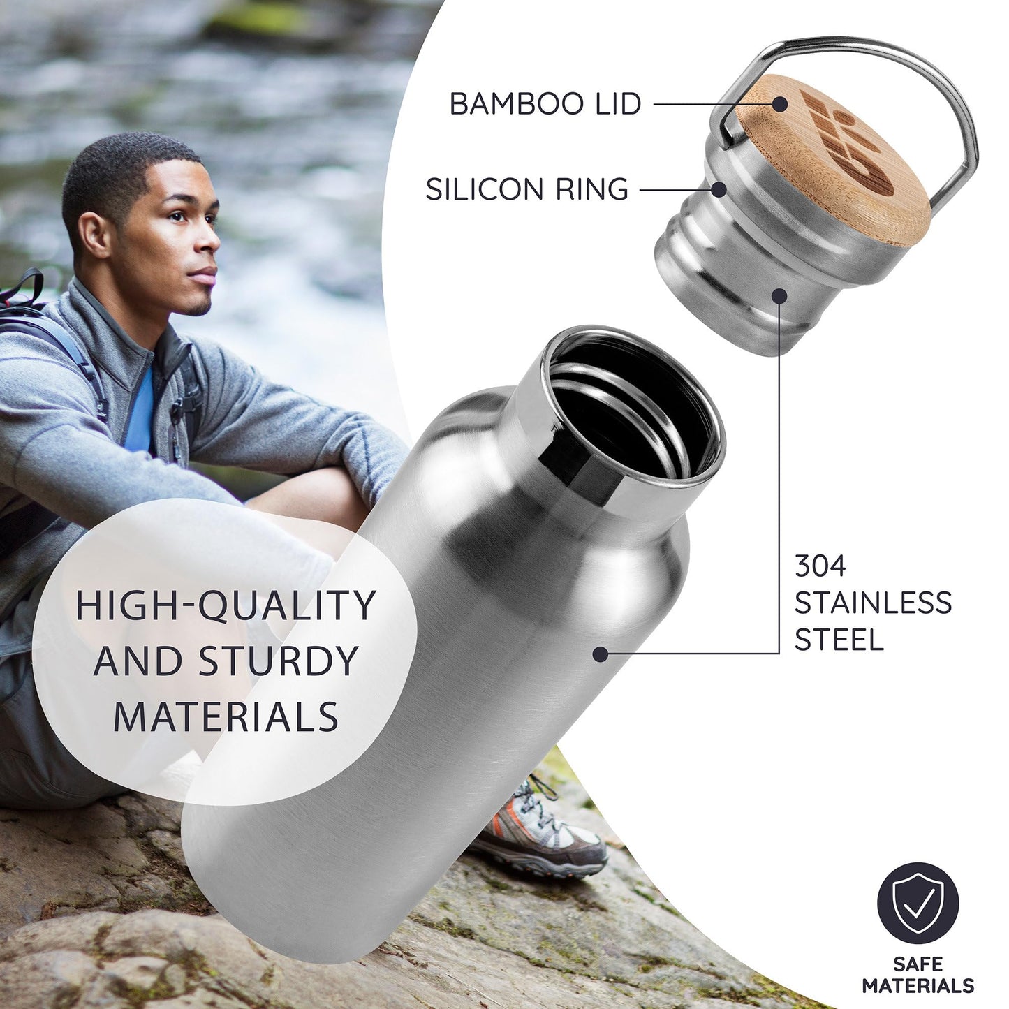 Bambaw Insulated Stainless Steel Water Bottle 32 oz, Dishwasher Safe Water Bottles with Handle, Easy to Clean, Great for Travel, Keeps Drinks Hot for 12h & Cold for 24h (Silver)