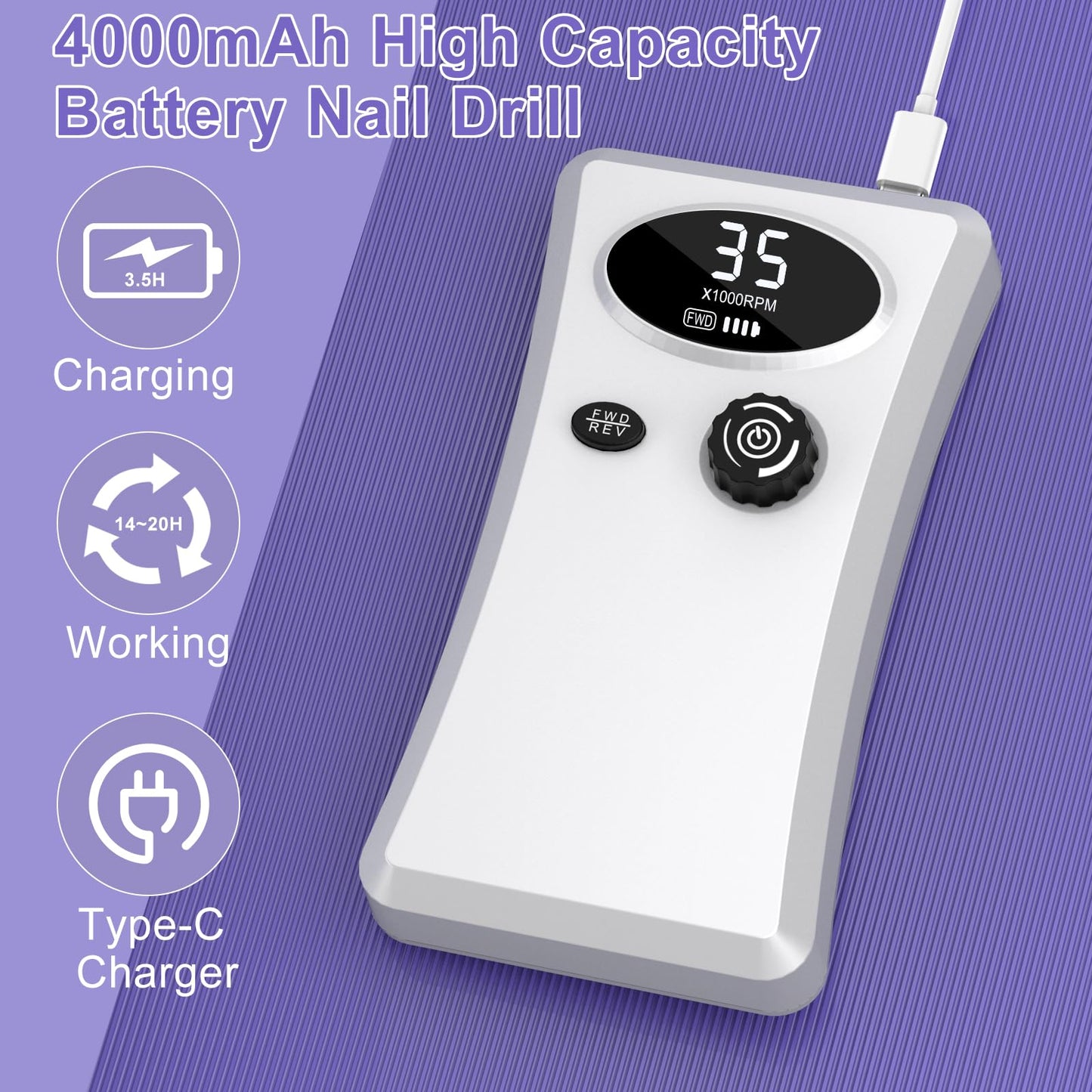 Cadrim 35000 RPM Portable Nail Drill, Electric Nail File, Cordless, Rechargeable, Professional Efile Nail Drill Machine Set for Acrylic Nails, Polishing, Manicure Pedicure Tool