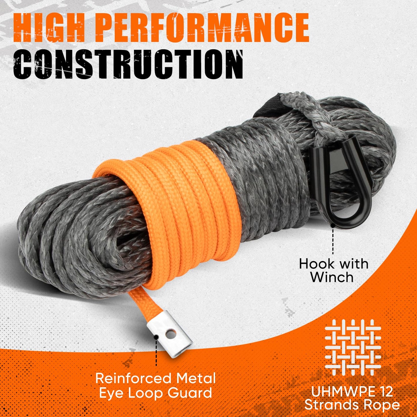 SHALL 1/4 Inch x 50 Feet Synthetic Winch Rope 10,000LBS Winch Line with Protective Sleeve & Forged Winch Hook & Safety Pull Strap for ATV UTV Offroad Vehicle