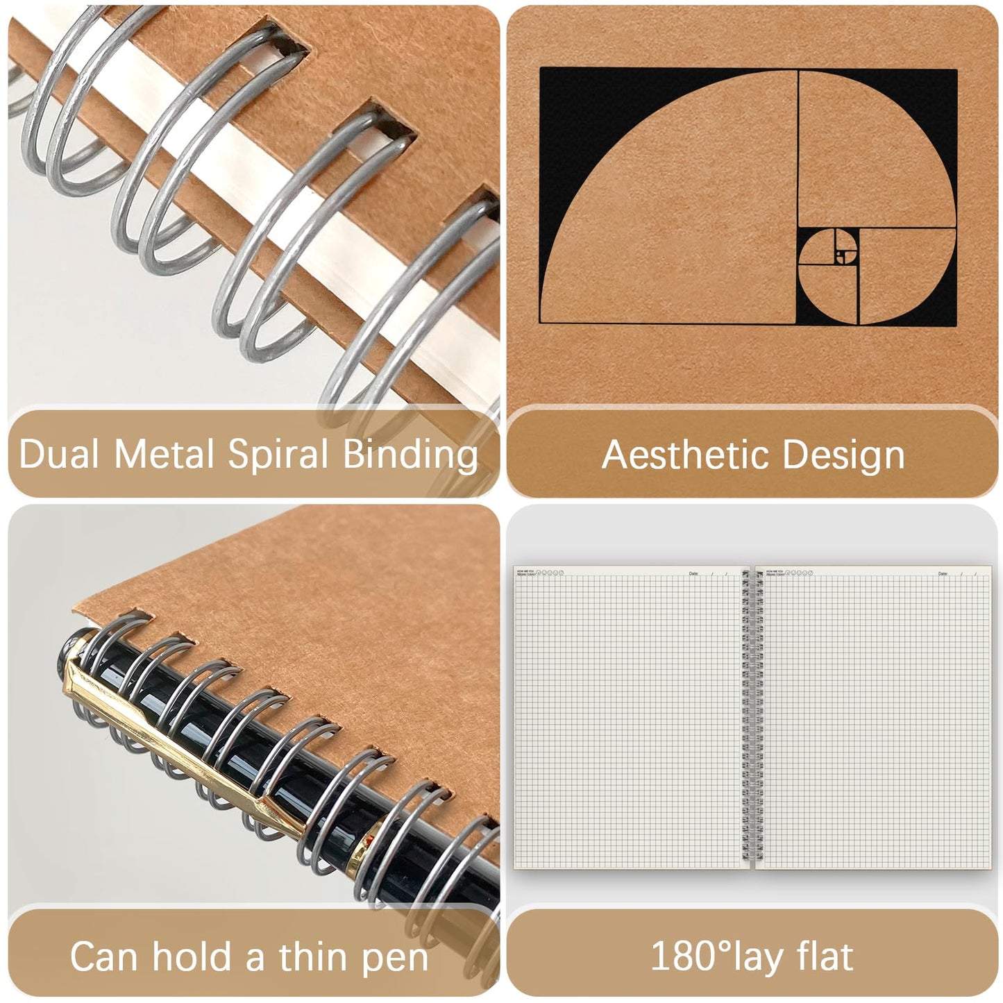 A4 Graph Paper Notebook, 2 Pack Large Spiral Grid Notebook, 200 Pages 100gsm Thick 5mm Square Paper Quad Notebook for Engineering, Math, Taking Notes, Drawing and More - Kraft Brown Cover, 8.5" x 11"