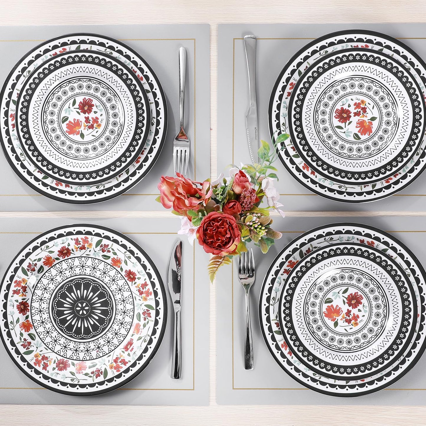 Gofunfun 12-Piece Melamine Dinnerware Sets,Unbreakable Dinnerware for Indoor and Outdoor Use, Dishwasher Safe, Lightweight Dinner Service for 4, Black and White, Retro Flower, ZS-DM011