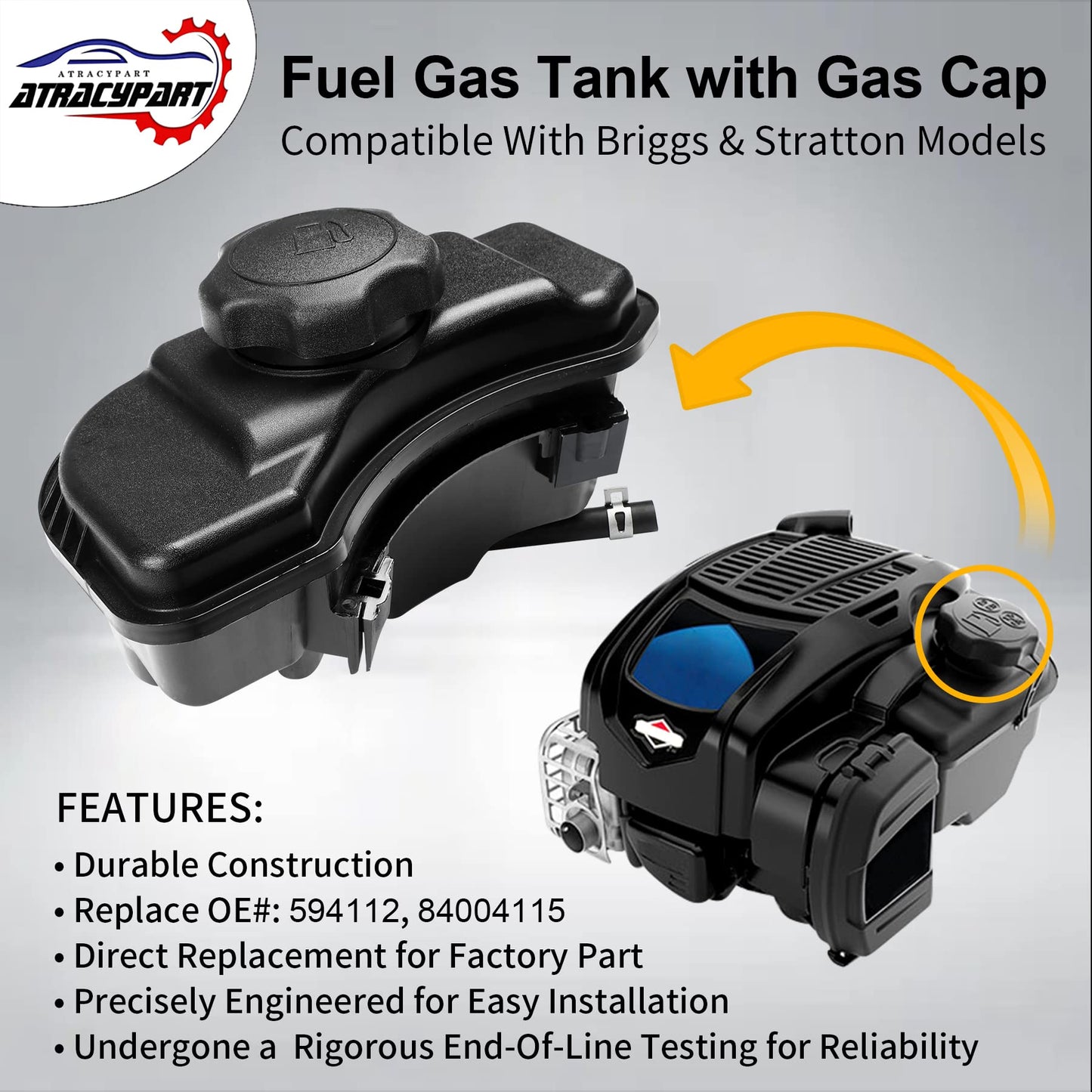 84004115 Fuel Gas Tank with Lawnmower Gas Cap Engine Fuel Tank | Compatible with Briggs & Stratton | Replace#: 594112