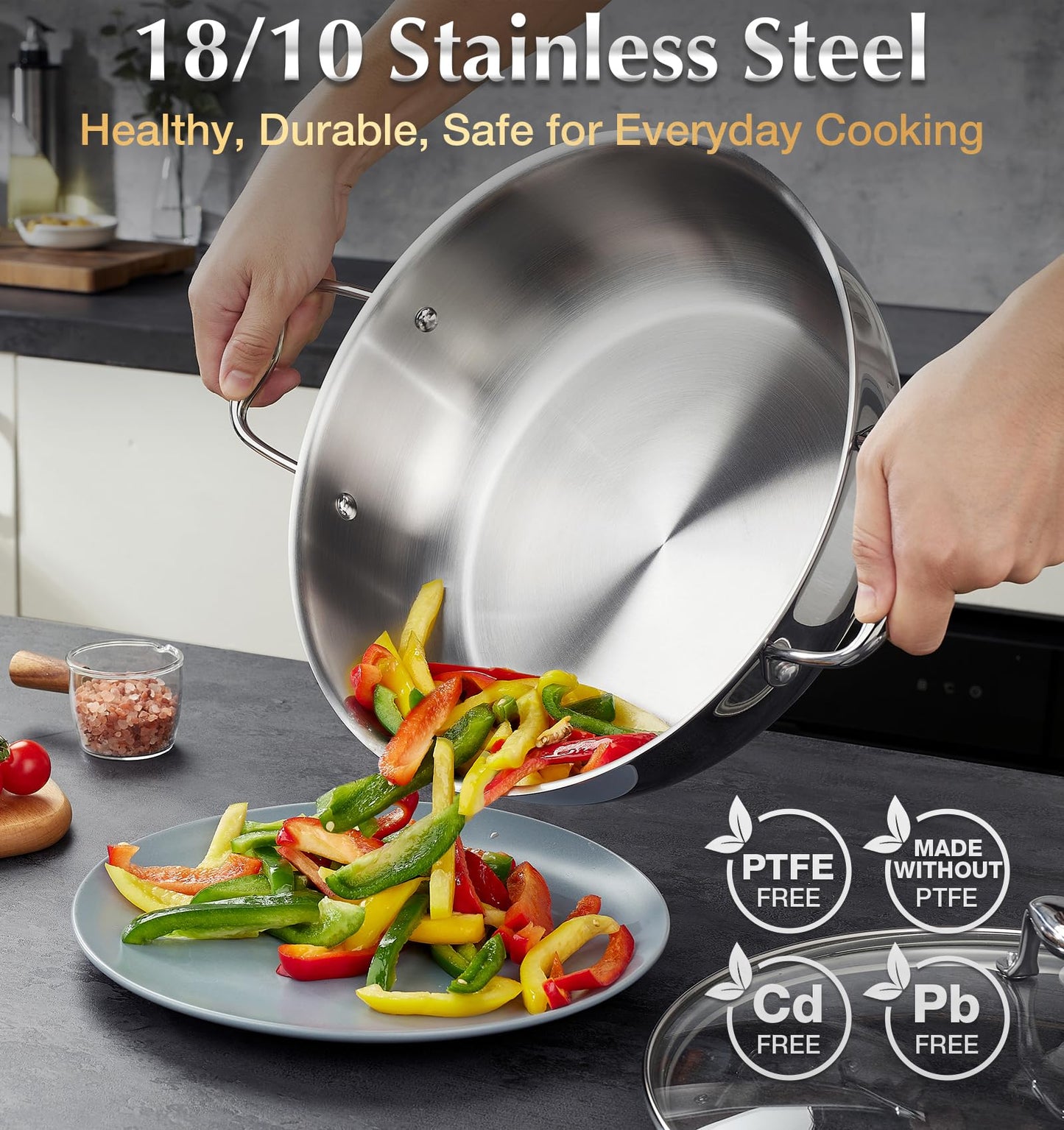 KOCH SYSTEME CS Tri-Ply Stainless Steel Saute Pan, 18/10 Stainless Steel Deep Frying Pan with Lid, Large Skillet with Double Handles, Induction Compatible, Oven Safe, Non Toxic, 6 Quart/12 Inch