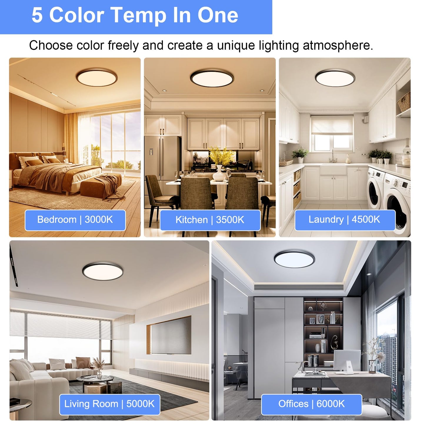 2 Pack 12 Inch LED Flush Mount Ceiling Light Fixture 28W 3200LM Dimmable 5 Color Temperature in One 3000K/3500K/4500K/5000K/6000K Slim Round Ceiling Lamp for Living Bedroom Kitchen Laundry Black