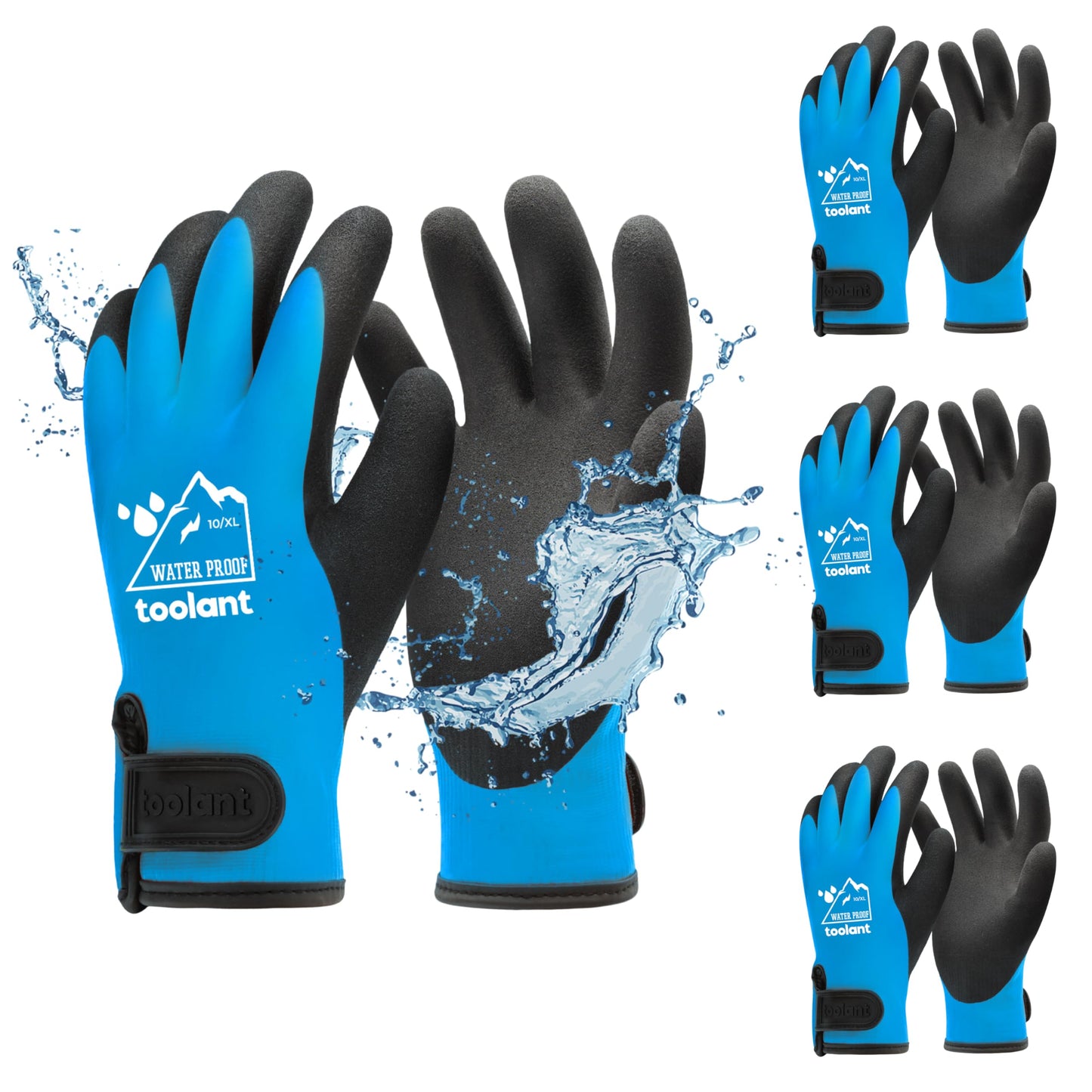 100% Waterproof Gloves Bulk Pack, 3 Pairs, Winter Work Gloves for Extreme Cold, Touchsreen, Warm Gloves for Freezer, Fishing and Gardening, with Grip, Blue, X-Large