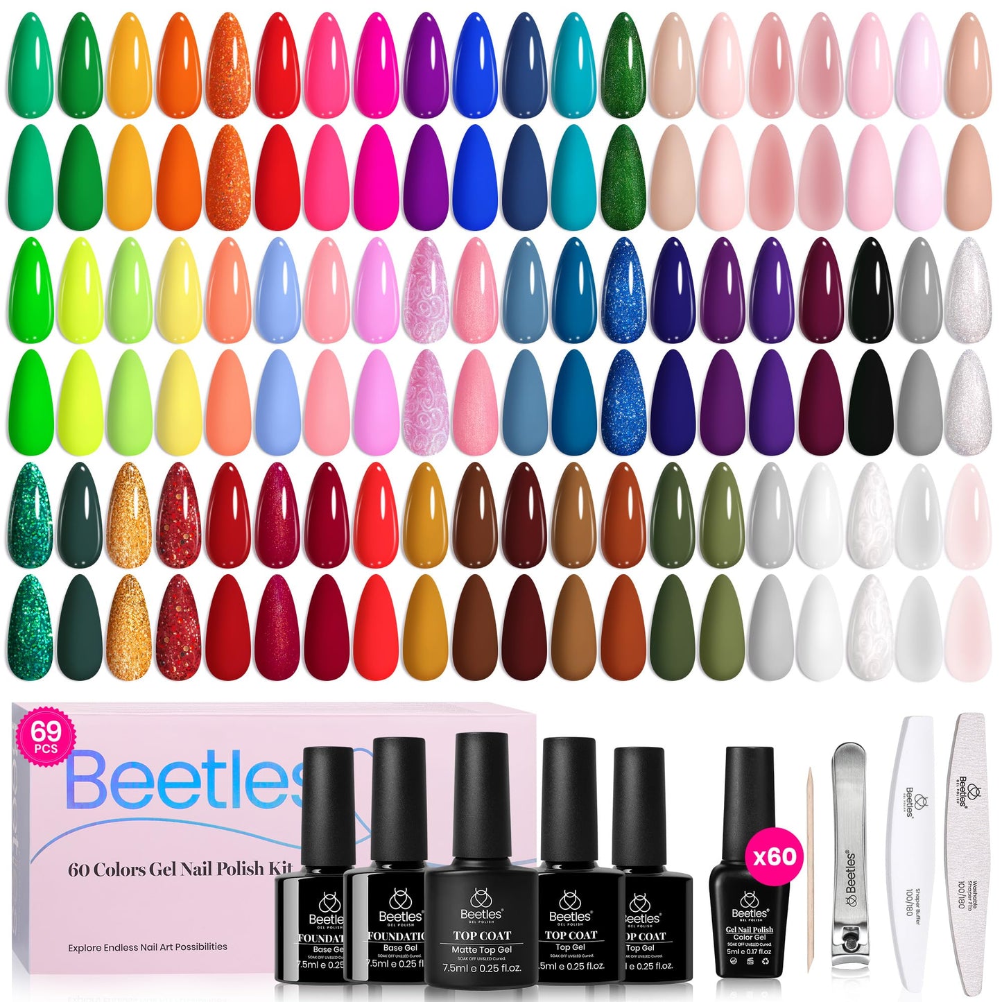 Beetles Gel Nail Polish Set, 69 PCS 60 Colors Spring Gel Nail Polish Kit Neno Pastel Jelly Glitter Nude Pink White Red Blue Green Brown Base Coat Glossy Matte Top Coat Gel Gift for Women