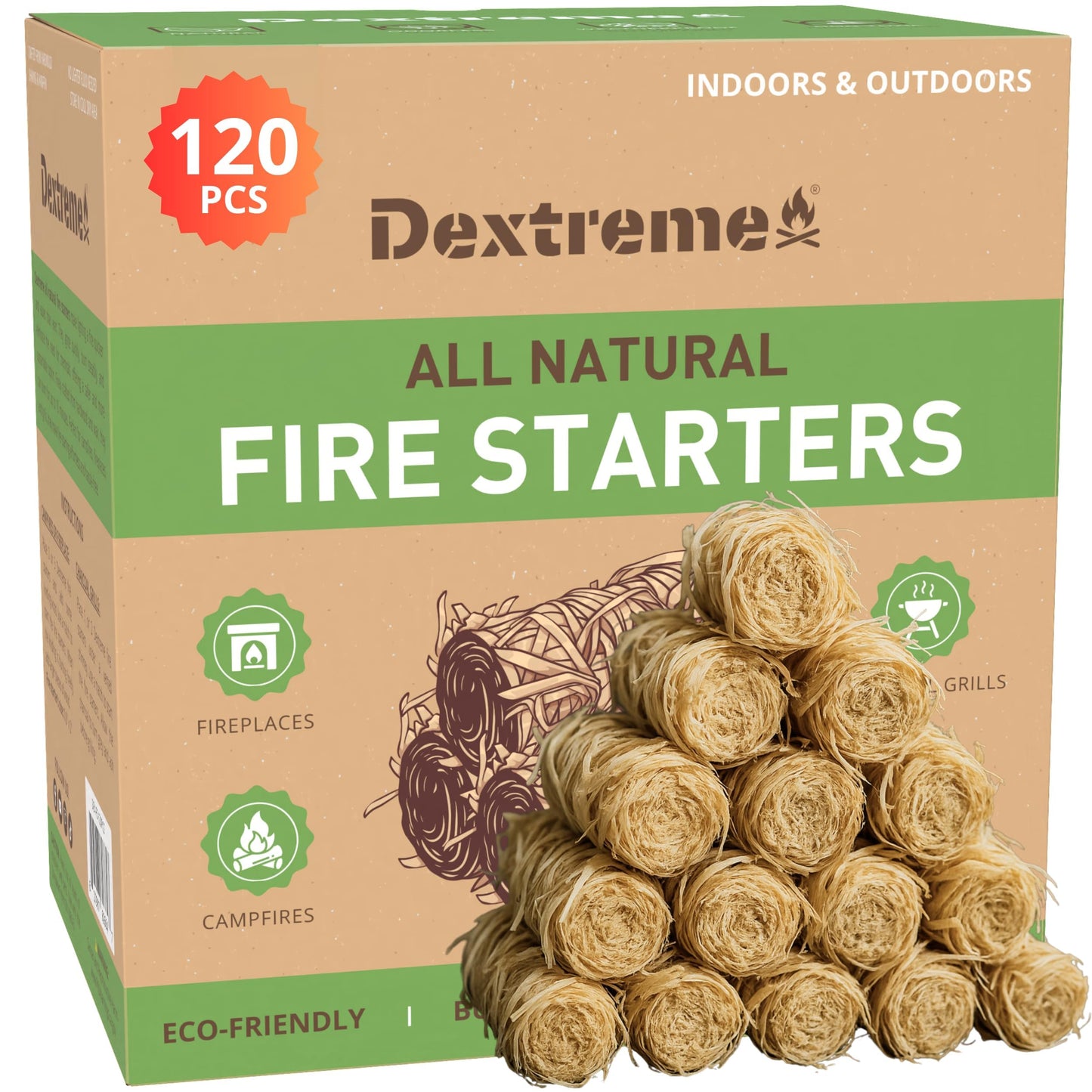 Dextreme Fire Starters 120 pcs | Natural Firestarters for BBQ, Campfires, Fireplace, Charcoal, Wood Stove, Fire Pit, Chimney, Pizza Oven and Smokers | All Weather, Odorless, Non Toxic