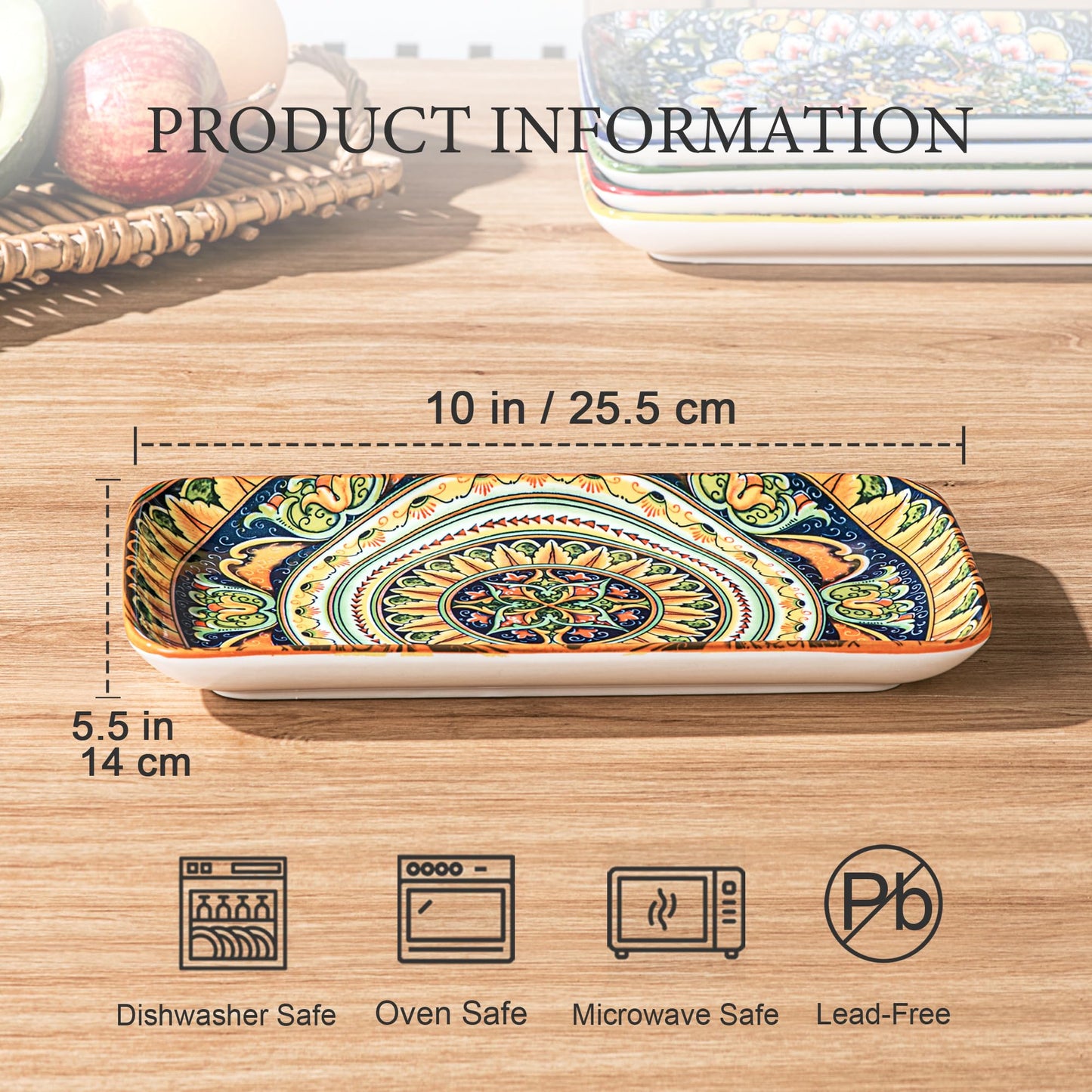 Henten Home Ceramic 10 Inch Salad Plates, Porcelain Rectangular Dessert Plate Set of 6, Bohemian Serving Dishes for Sushi, Pasta, Appetizer, Microwave & Dishwasher Safe