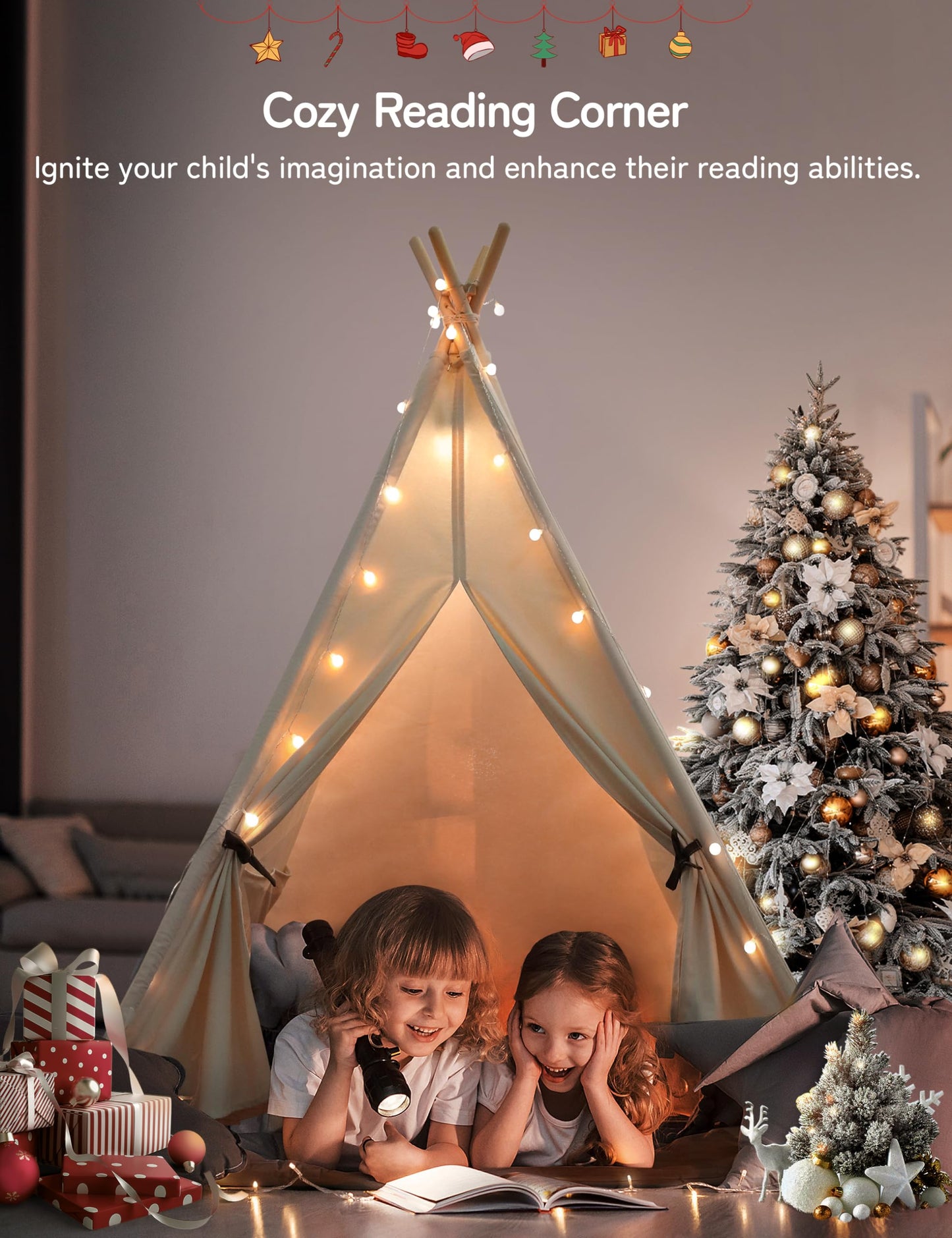 besrey Teepee Tent for Kids with Padded Mat&Light, Kids Tents Indoor Playhouse, Large Kids Tipi Tent, Play Tent for Toddler Boys Girls, Foldable Portable Toddler Reading Tent