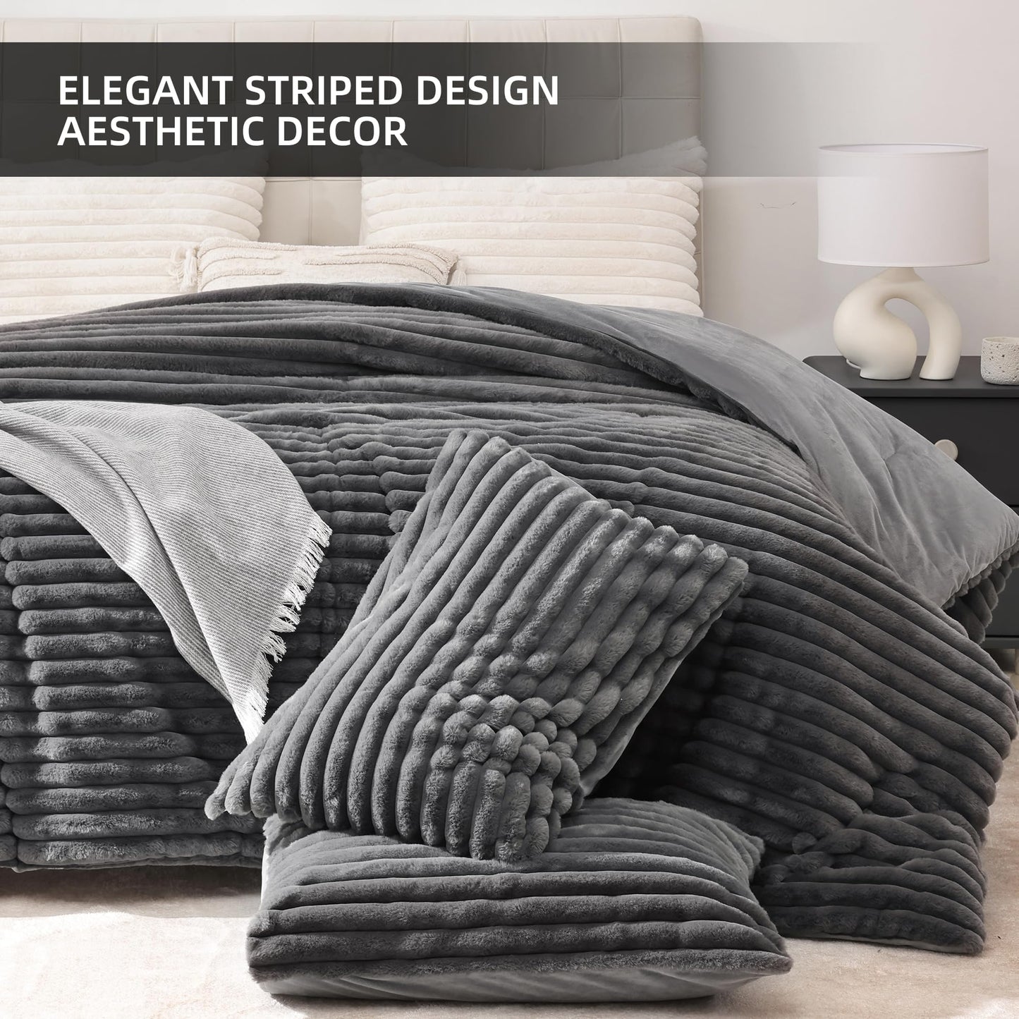 YIKUSH Fluffy Queen Comforter Set 3 Pieces - Dark Gray Fleece Fluffy Comforter Queen Set, Luxury Fuzzy Queen Bed Set, Soft & Warm Bed Comforter Queen with 2 Pillow Cases