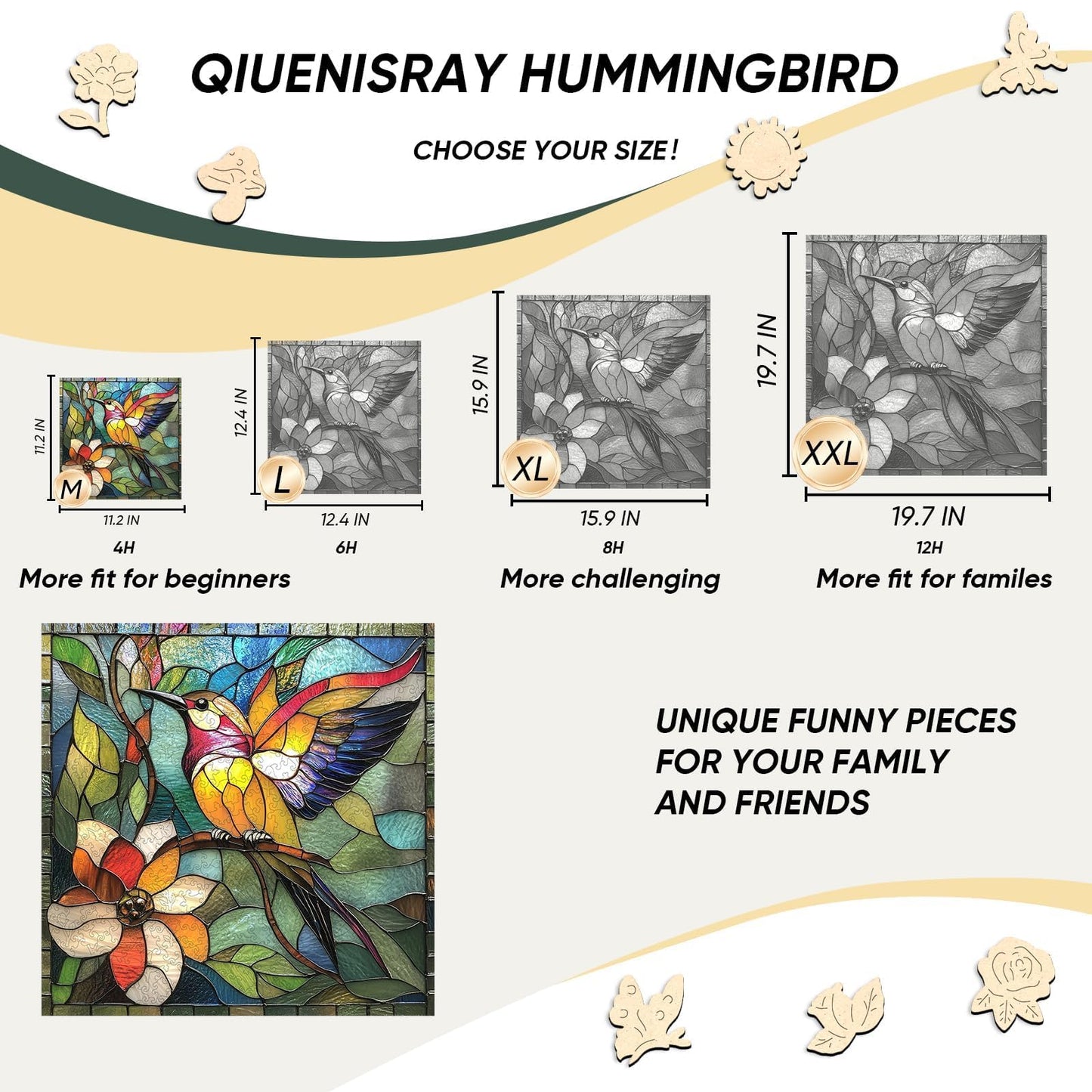Qiuenisray Wooden Puzzle for Adults, 200 Pieces Hummingbird & Flower Jigsaw, Unique Shaped Pieces, Home Decor & Gift for Family and Bird Puzzle Lovers, 12.2 x 12.2 Inch