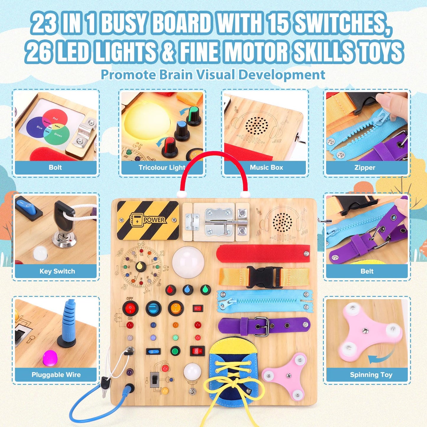 Busy Board Plus 23 in 1 Montessori Busy Board for 1 to 3 Year Old Toddlers Sensory Board with 15 Switches 26 LED Lights Music Box Locks and Zippers Ideal Travel Toy for Baby Sensory Development