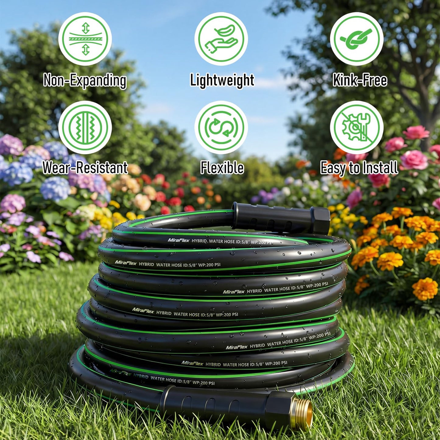 MiraFIex Non-Expanding Garden Hose 25ft, Lightweight Flexible Water Hose with Kink-Resistant, Solid Fittings, 5/8 Inch 600PSI, for Small Yard, RV, Car Wash