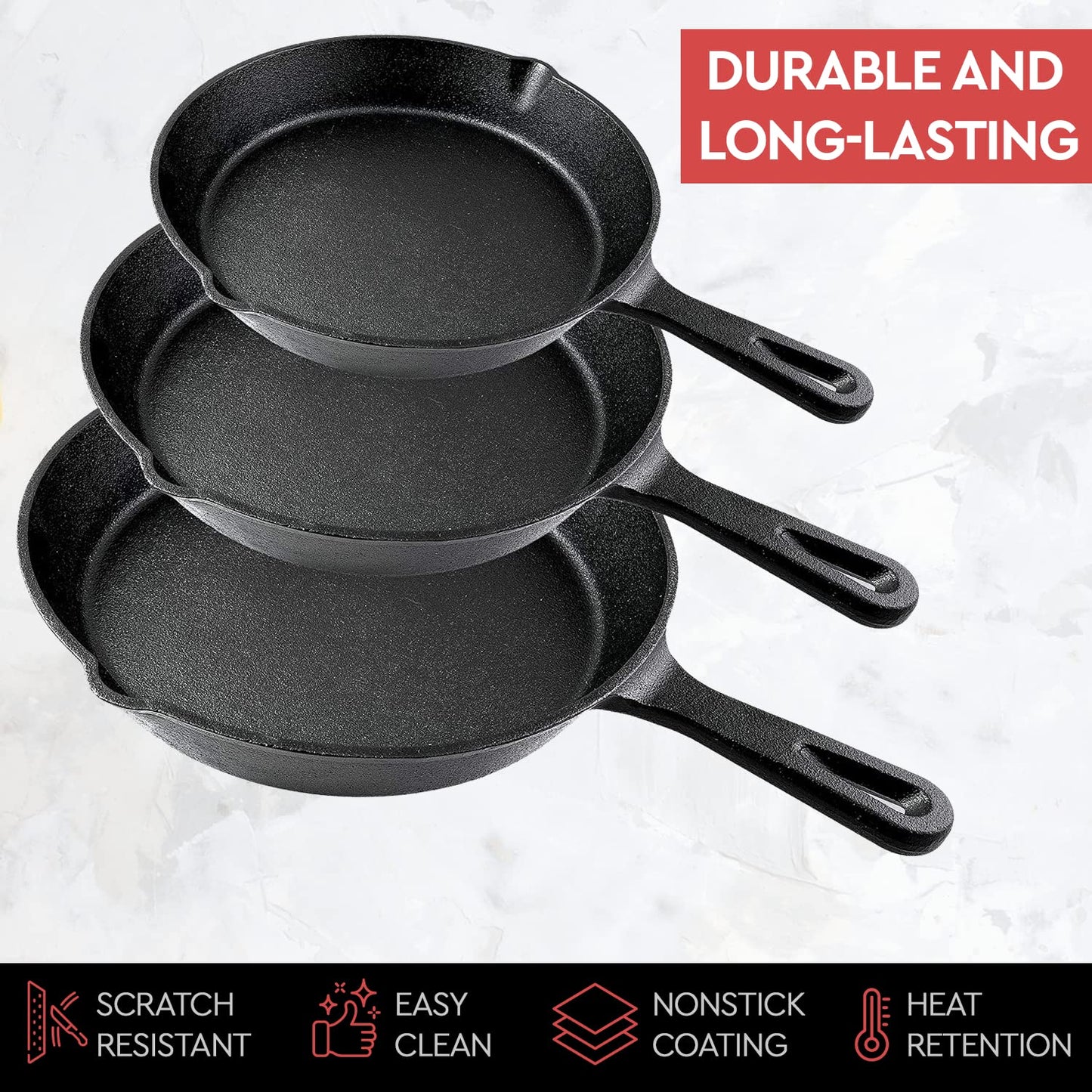 Simple Chef Cast Iron Skillet 3-Piece Set - Heavy-Duty Professional Restaurant Chef Quality Pre-Seasoned Pan Cookware Set - 10", 8", 6" Pans - for Frying, Saute, Cooking, Pizza & More,Black