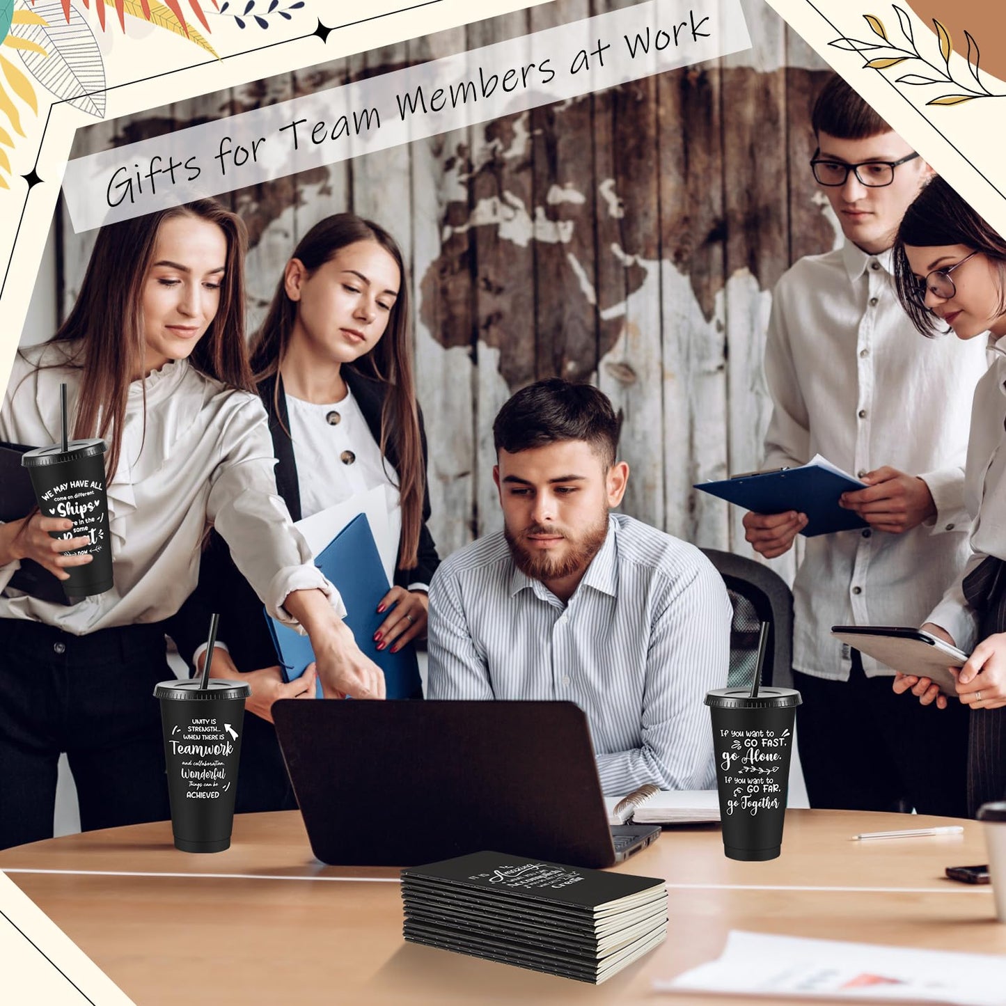 Hollowfly 48 Pcs Team Appreciation Gifts for Employee 24 oz Inspirational Plastic Cups Bulk with Lid and Straw Notebooks Ballpoint Pens Keychain Set Thanksgiving Christmas Gifts (Black)
