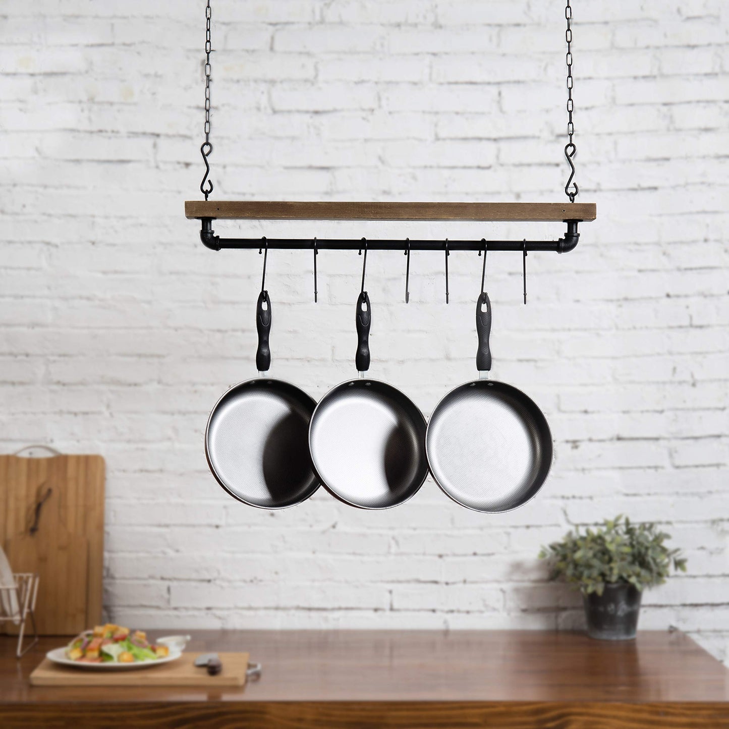 MyGift - Hanging shelf for pots, pans and pots, made of wood and industrial pipe, includes 8 adjustable hooks