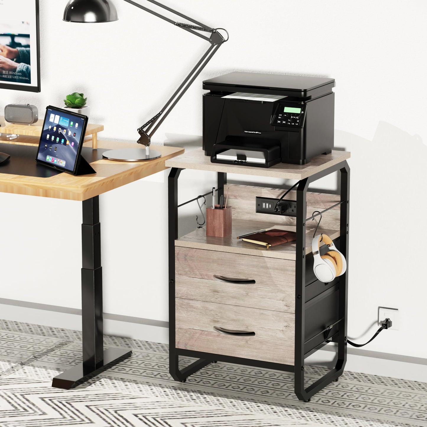 runjuly Side Table with Drawers, Night Stand with Charging Station, AC Outlets & USB C Ports, End Table with Storage, Night Tables with Hooks, Bedside Nightstand for Office, Bedroom, Dorm Greige